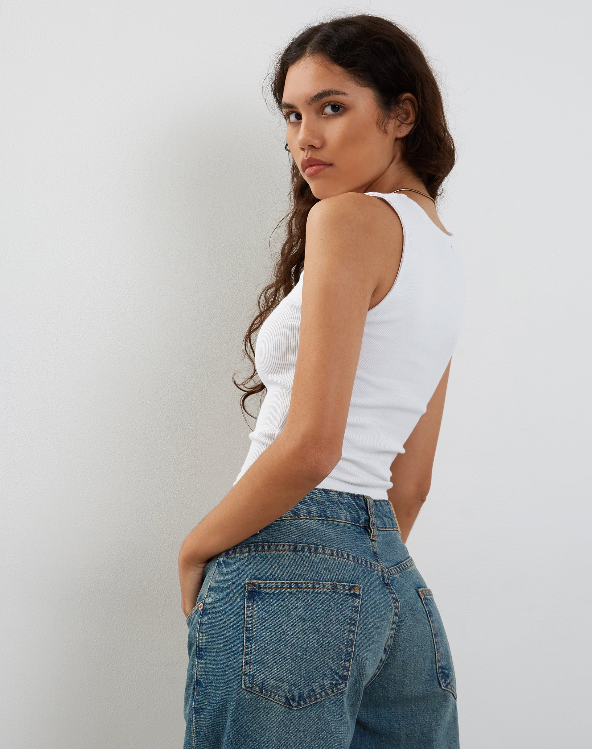 Jastio Vest Top in White Ribbed Jersey-Nico Sky