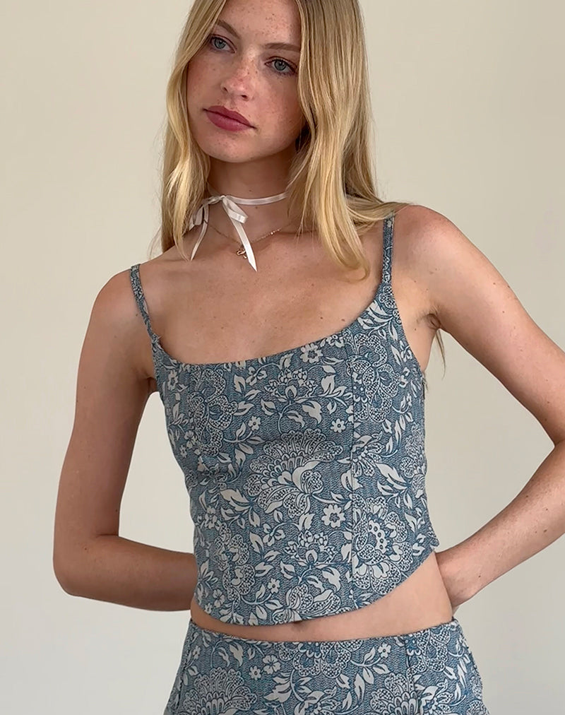 Jatemi Corset Top in Blue Ornate Print-Nico Sky