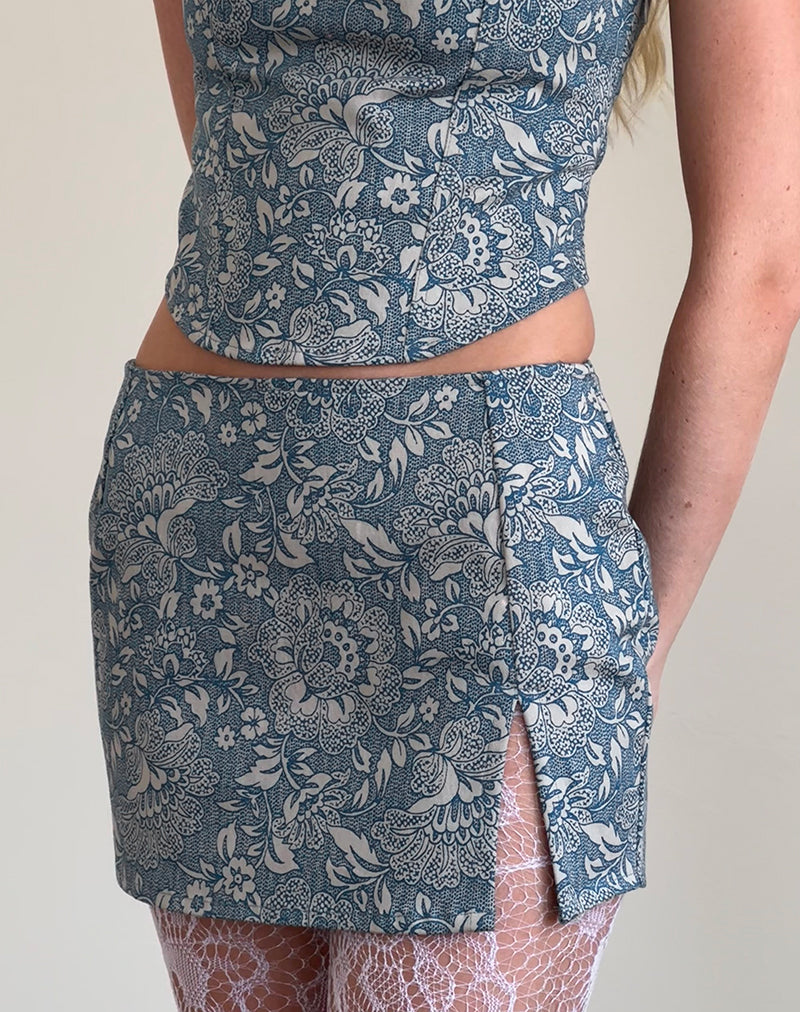 Pravara Mini Skirt in Blue Ornate Print-Nico Sky