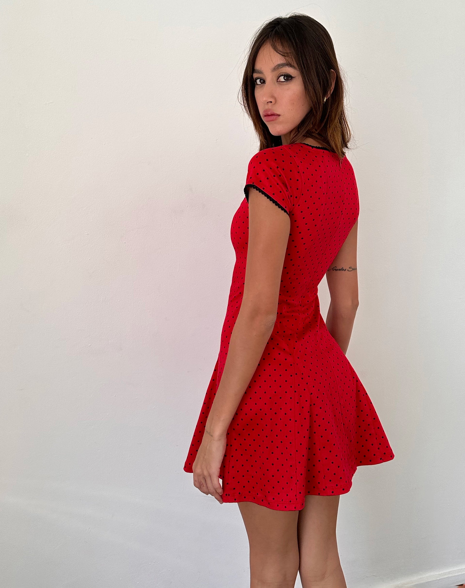 Jinae Pleat Detail Mini Dress in Red Polka Sateen-Nico Sky
