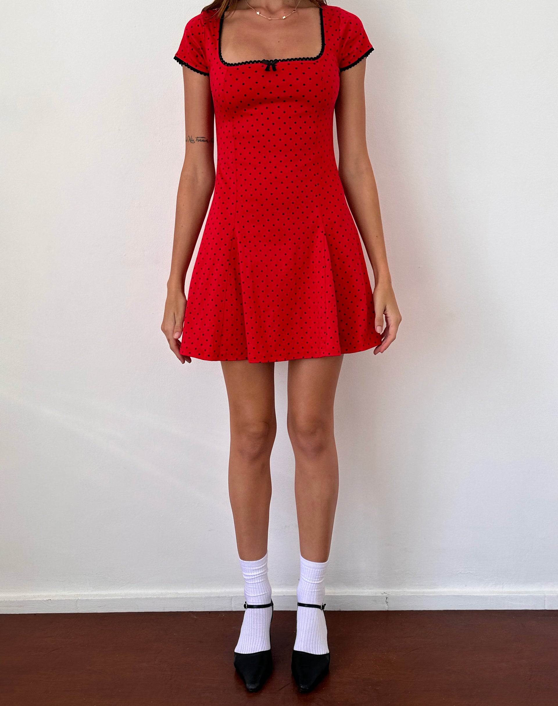 Jinae Pleat Detail Mini Dress in Red Polka Sateen-Nico Sky