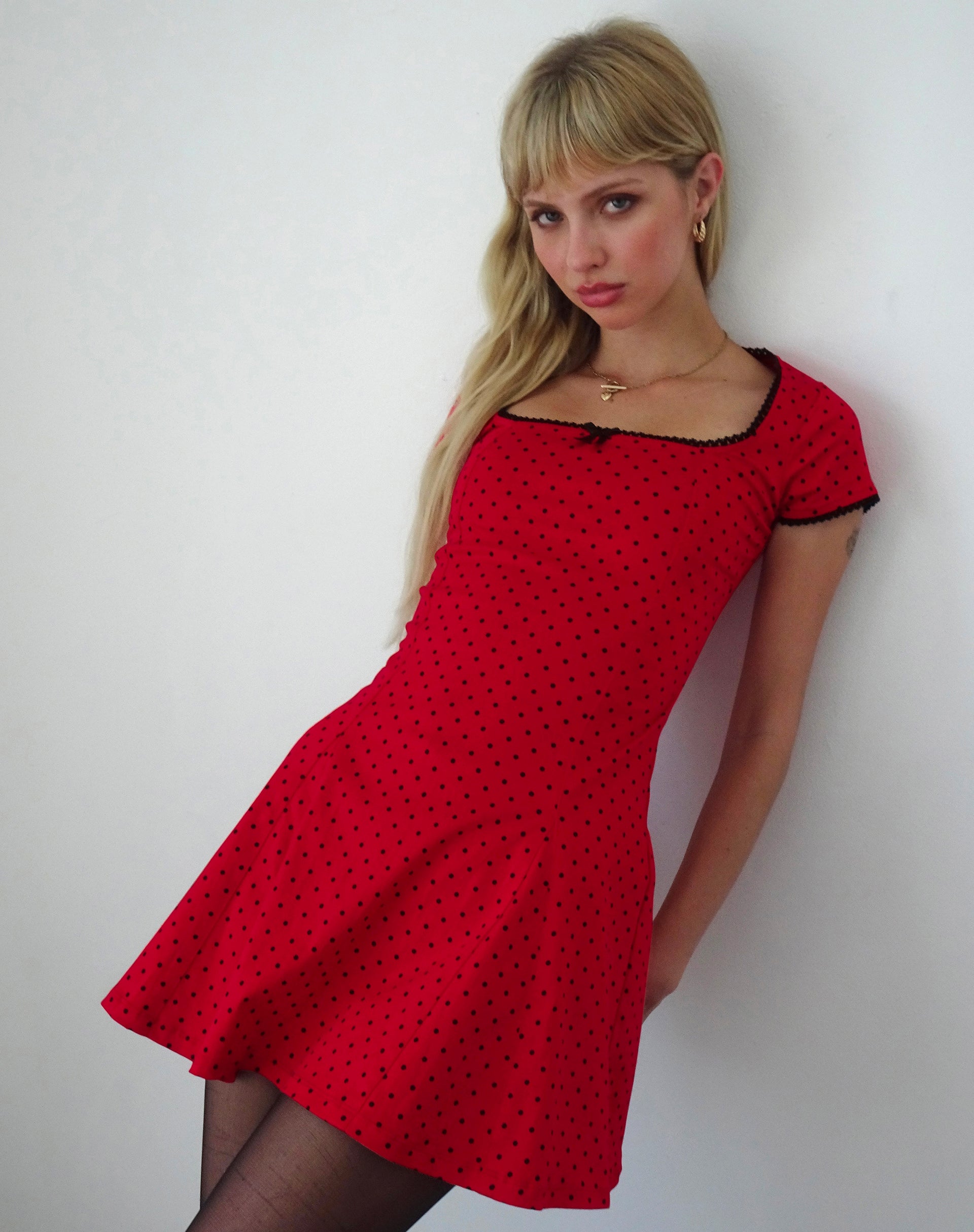Jinae Pleat Detail Mini Dress in Red Polka Sateen-Nico Sky