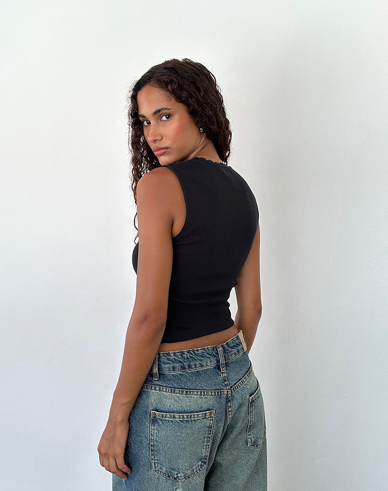 Jinila Top in Black with Lace Trim and Bow-Nico Sky