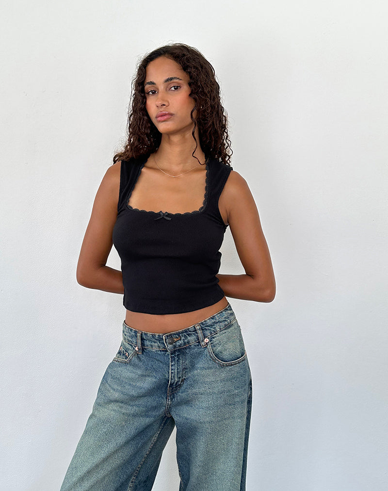 Jinila Top in Black with Lace Trim and Bow-Nico Sky