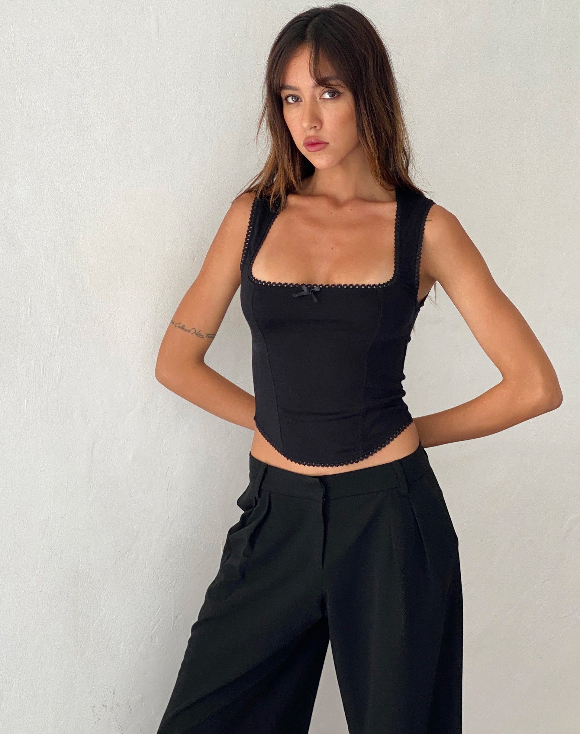 Jinisa Corset Top in Black Sateen-Nico Sky