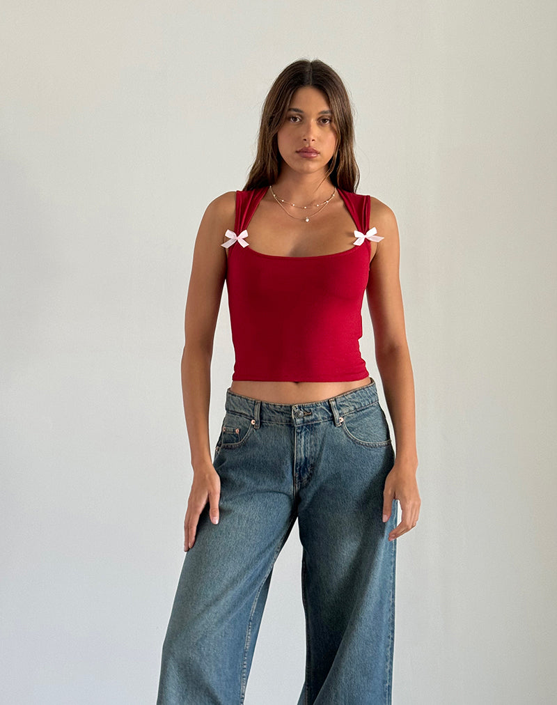 Jiniso Crop Top in Adrenaline Red with Pink Bows-Nico Sky