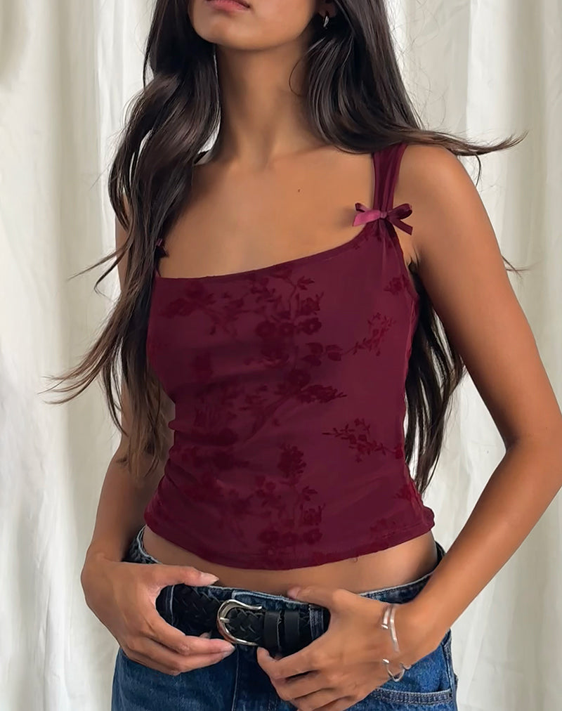 Jiniso Vest Top in Botanical Flower Flock Maroon-Nico Sky