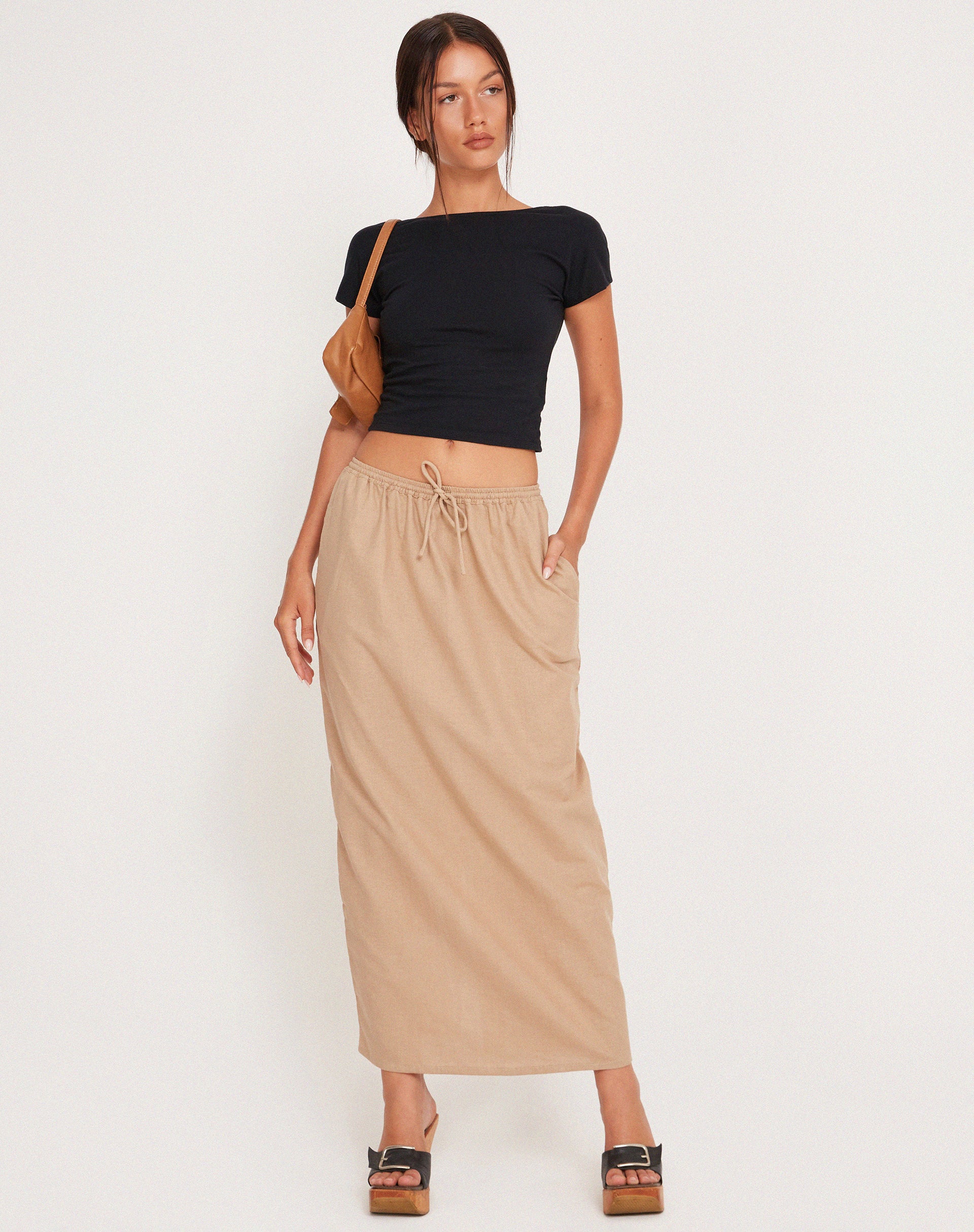 MOTEL X JACQUIE Joelene Tie Waist Maxi Skirt in Light Taupe-Nico Sky