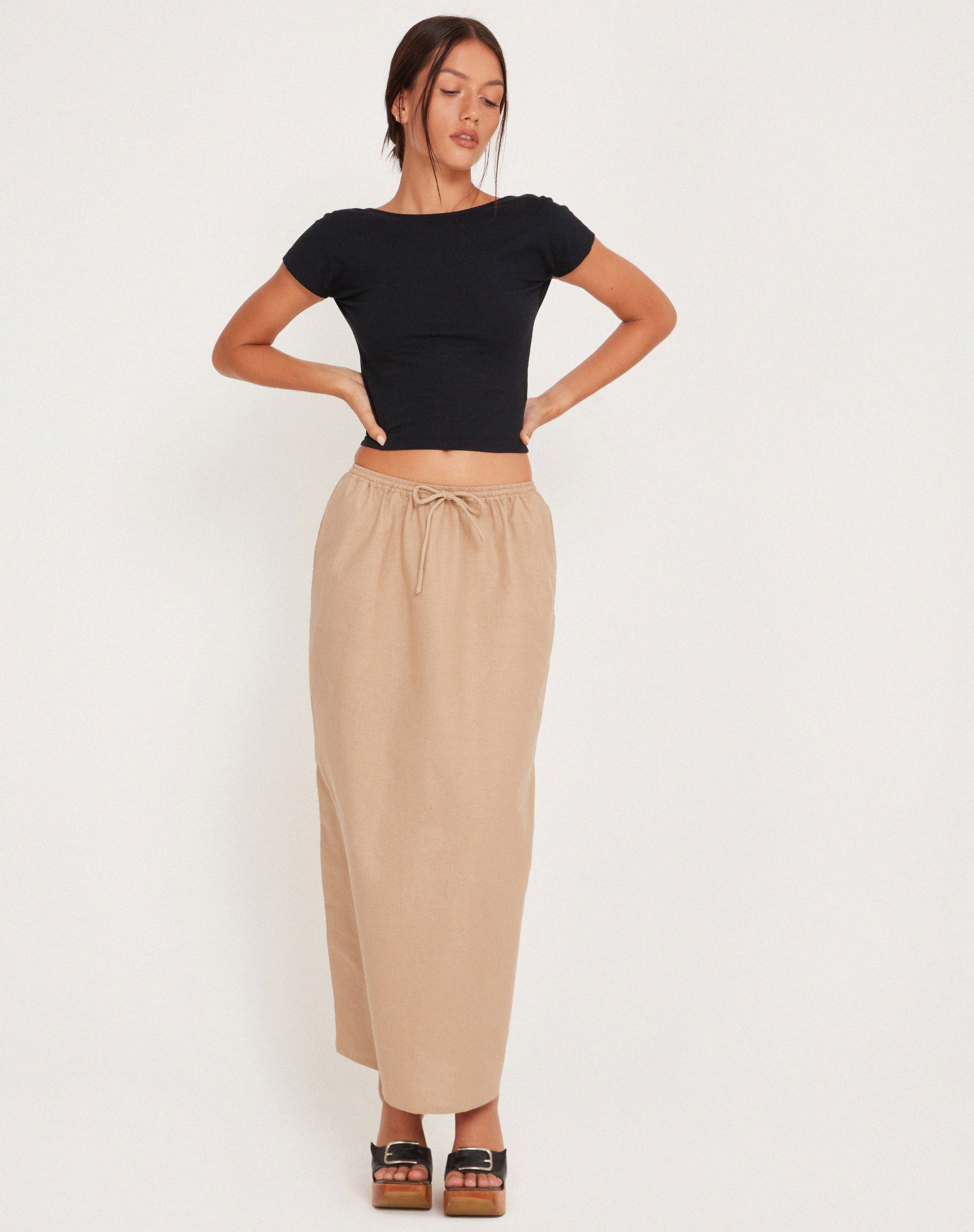 MOTEL X JACQUIE Joelene Tie Waist Maxi Skirt in Light Taupe-Nico Sky