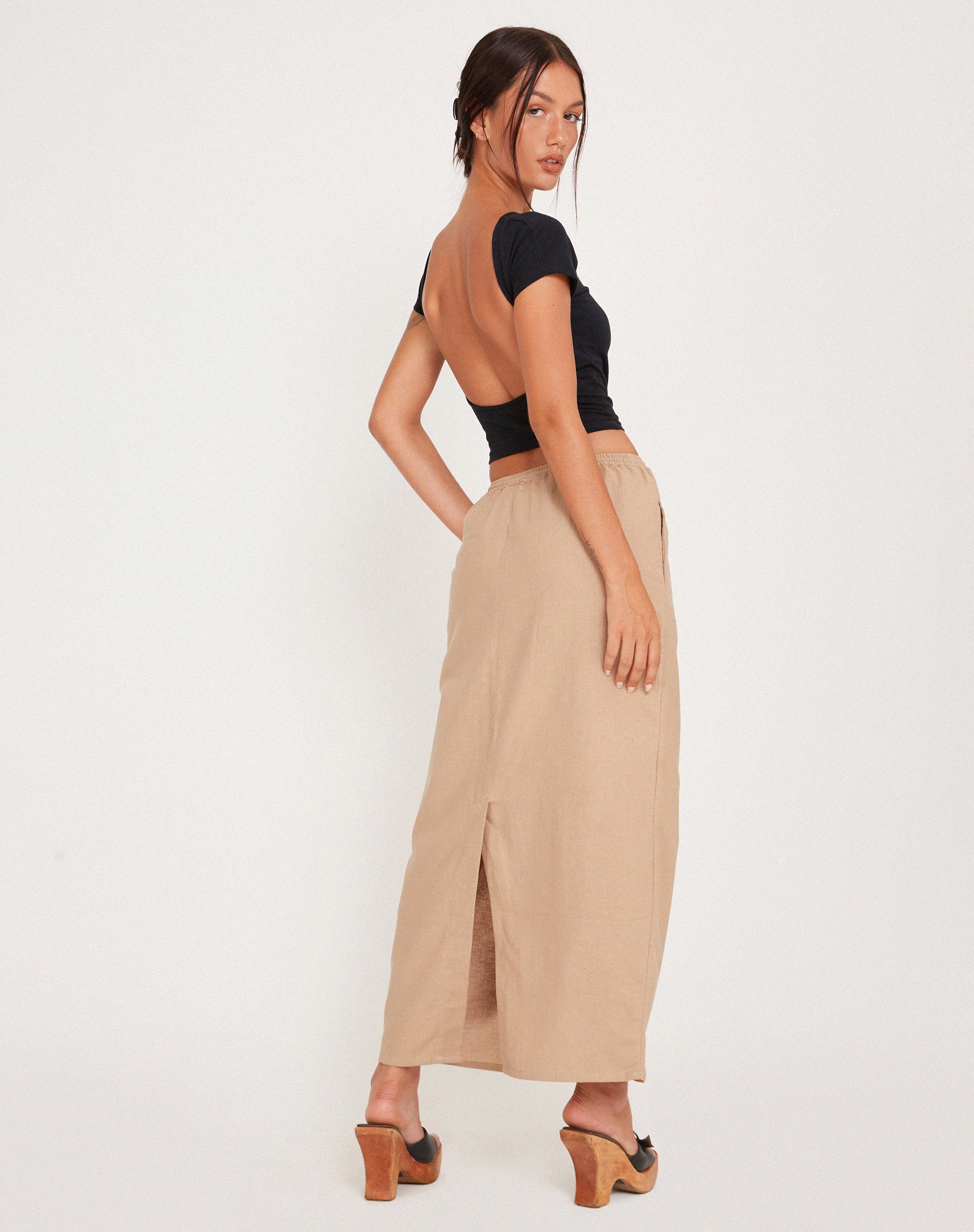 MOTEL X JACQUIE Joelene Tie Waist Maxi Skirt in Light Taupe-Nico Sky