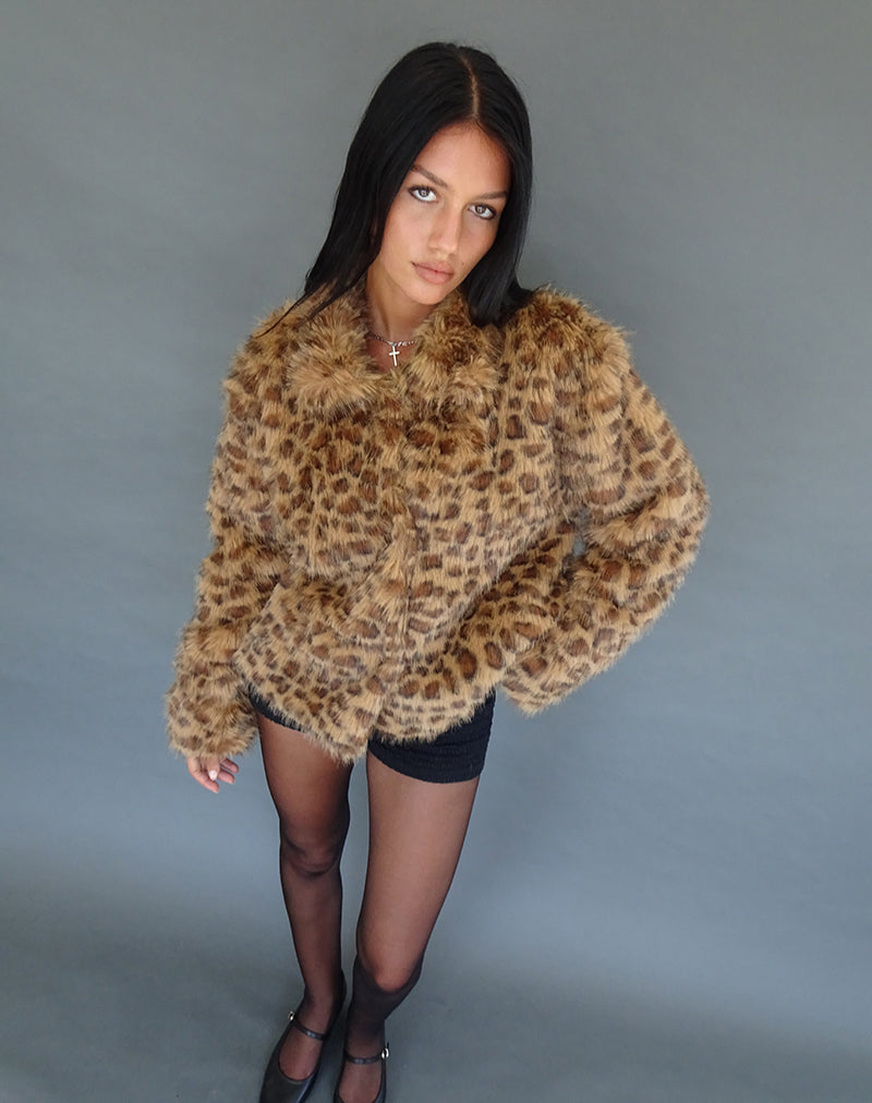 Joji Crop Faux Fur Jacket in Brown Leopard-Nico Sky