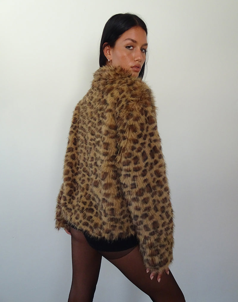 Joji Crop Faux Fur Jacket in Brown Leopard-Nico Sky