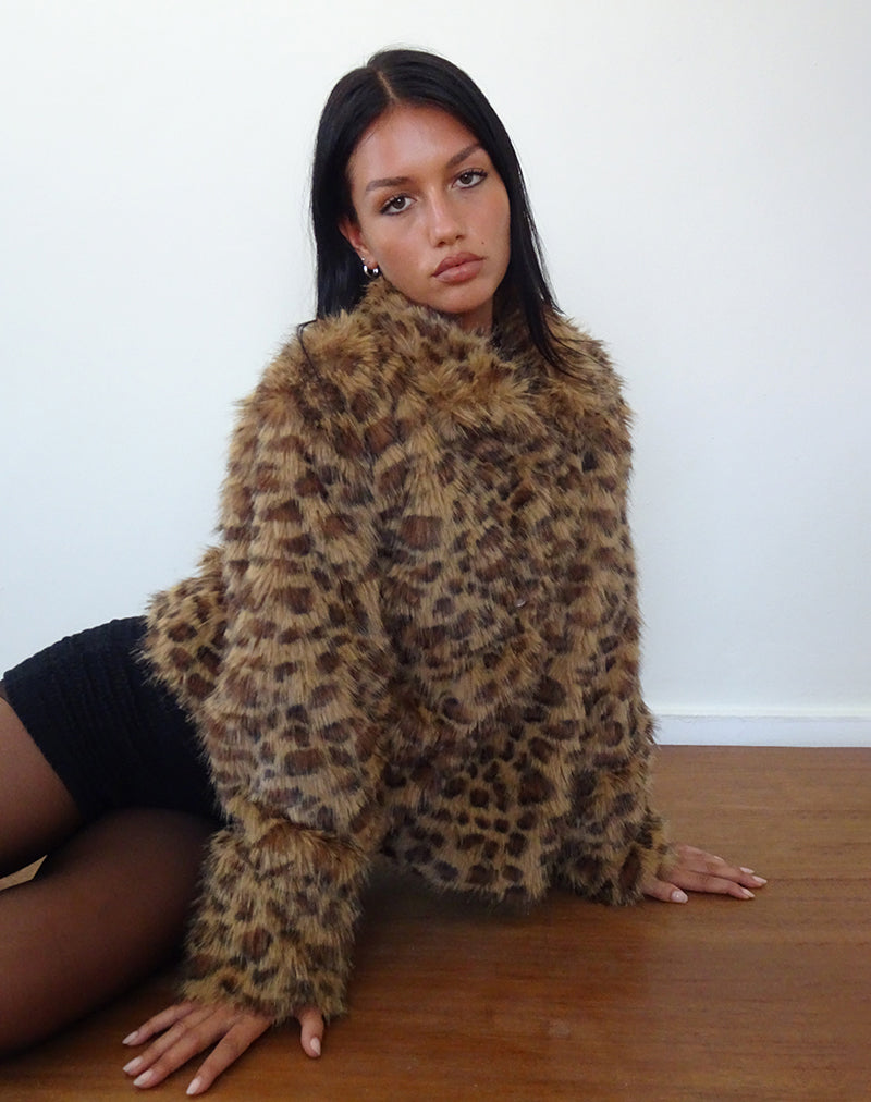 Joji Crop Faux Fur Jacket in Brown Leopard-Nico Sky