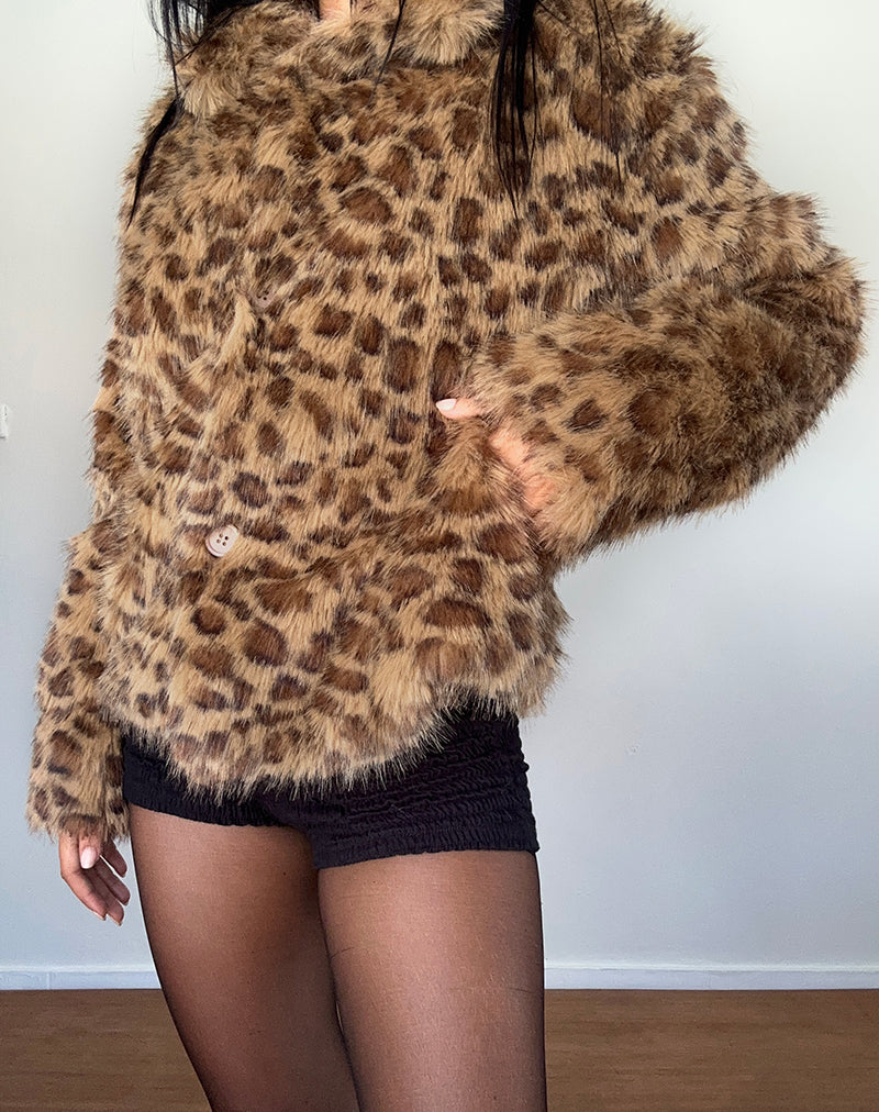 Joji Crop Faux Fur Jacket in Brown Leopard-Nico Sky