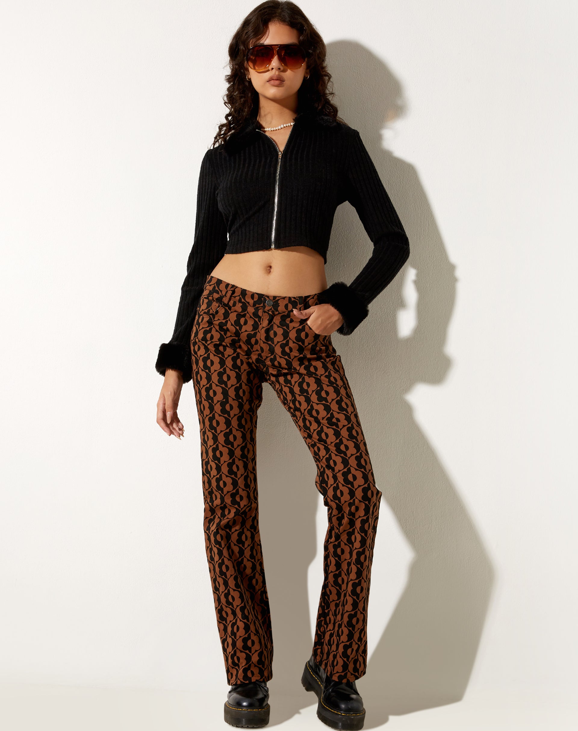 Jopan Flare Trouser in Wavy Flower Brown-Nico Sky
