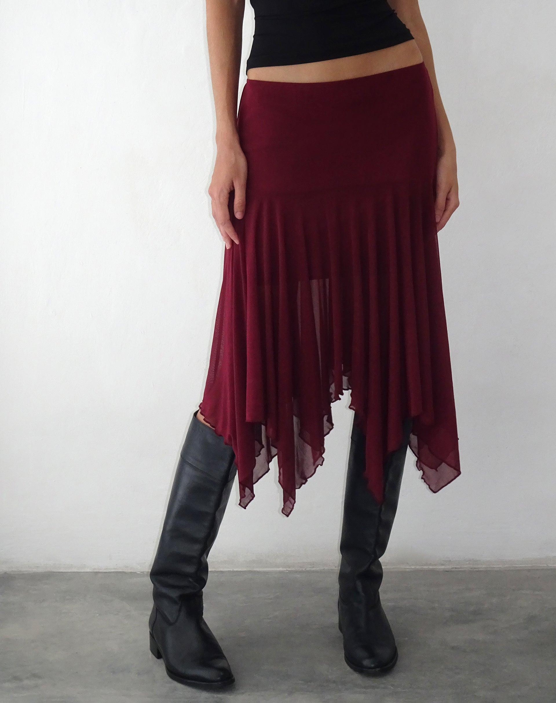 Jovali Low Waist Midi Skirt in Mesh Maroon-Nico Sky