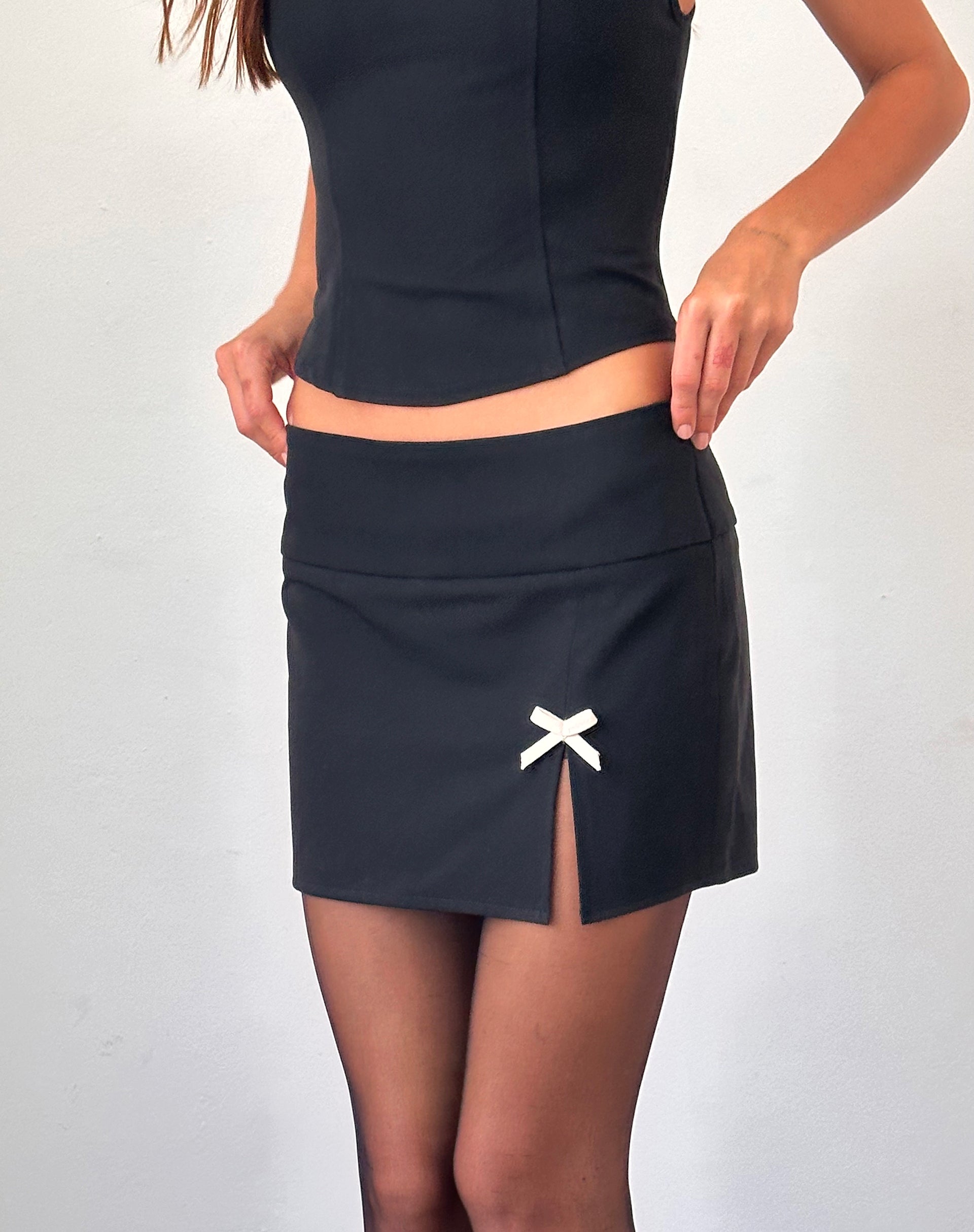 Yanti Mini Skirt in Black with Ivory Bows-Nico Sky