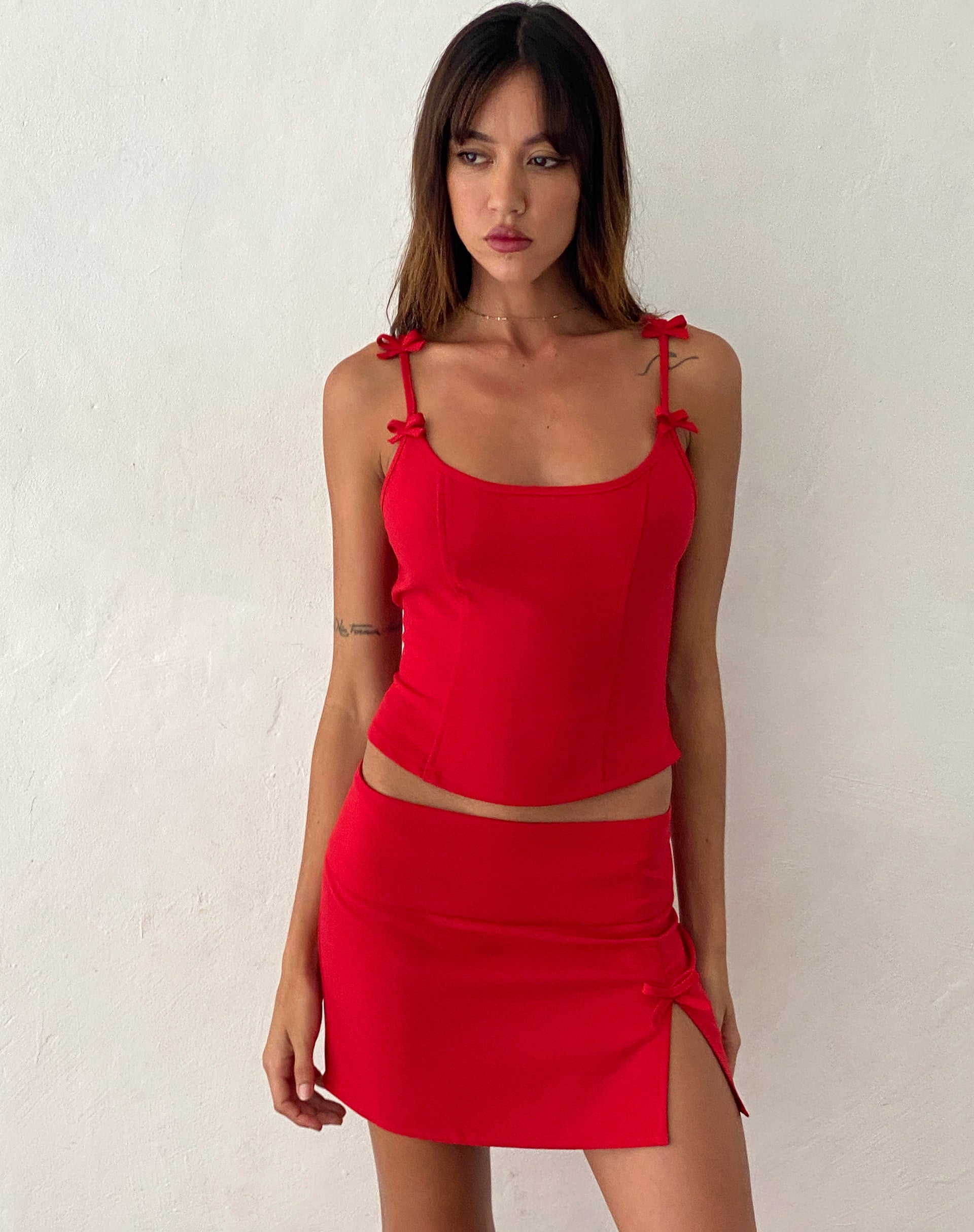 Kaida Bow Detail Corset Top in Tailoring Red-Nico Sky
