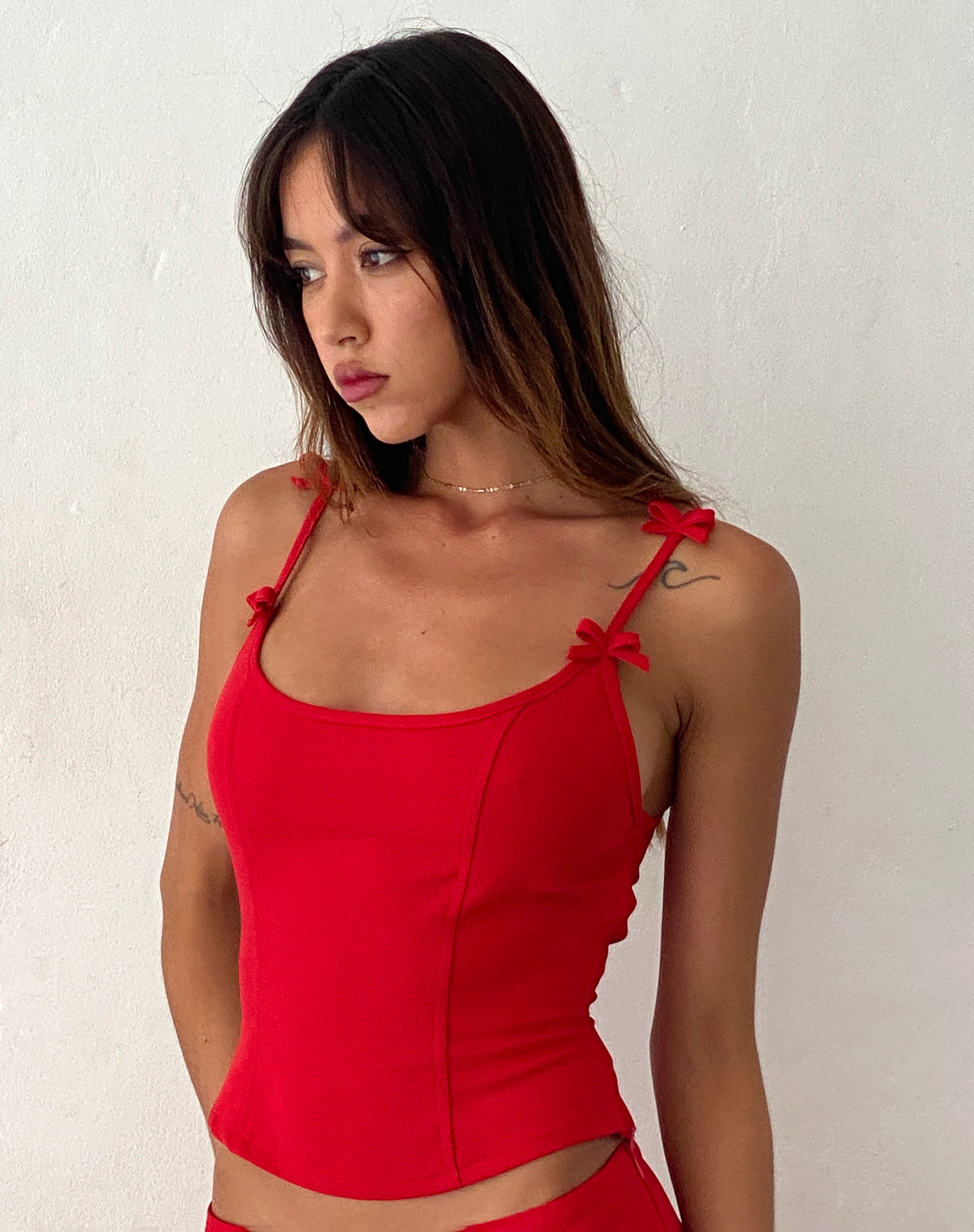 Kaida Bow Detail Corset Top in Tailoring Red-Nico Sky
