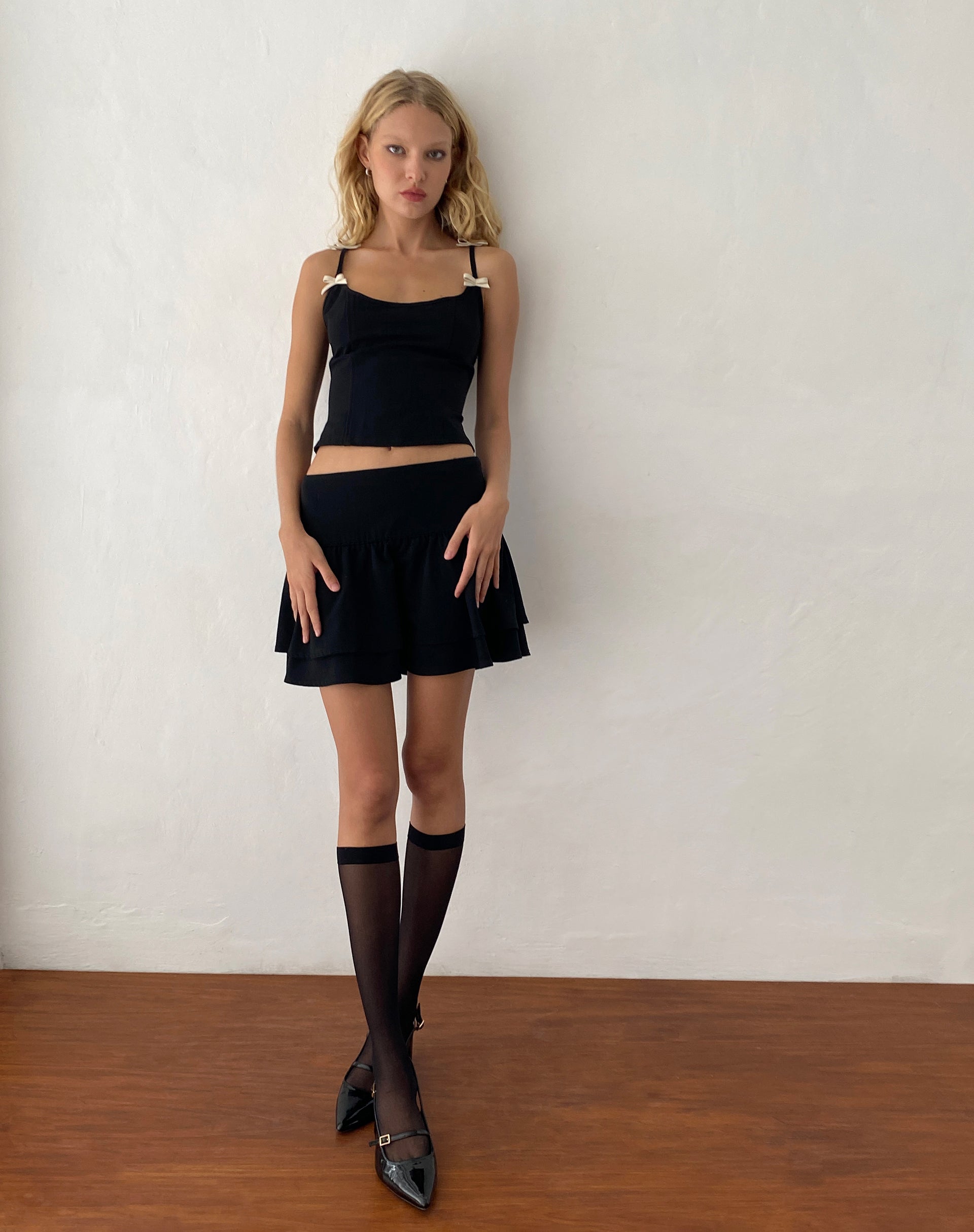 Kaida Ivory Bow Detail Corset Top in Tailoring Black-Nico Sky