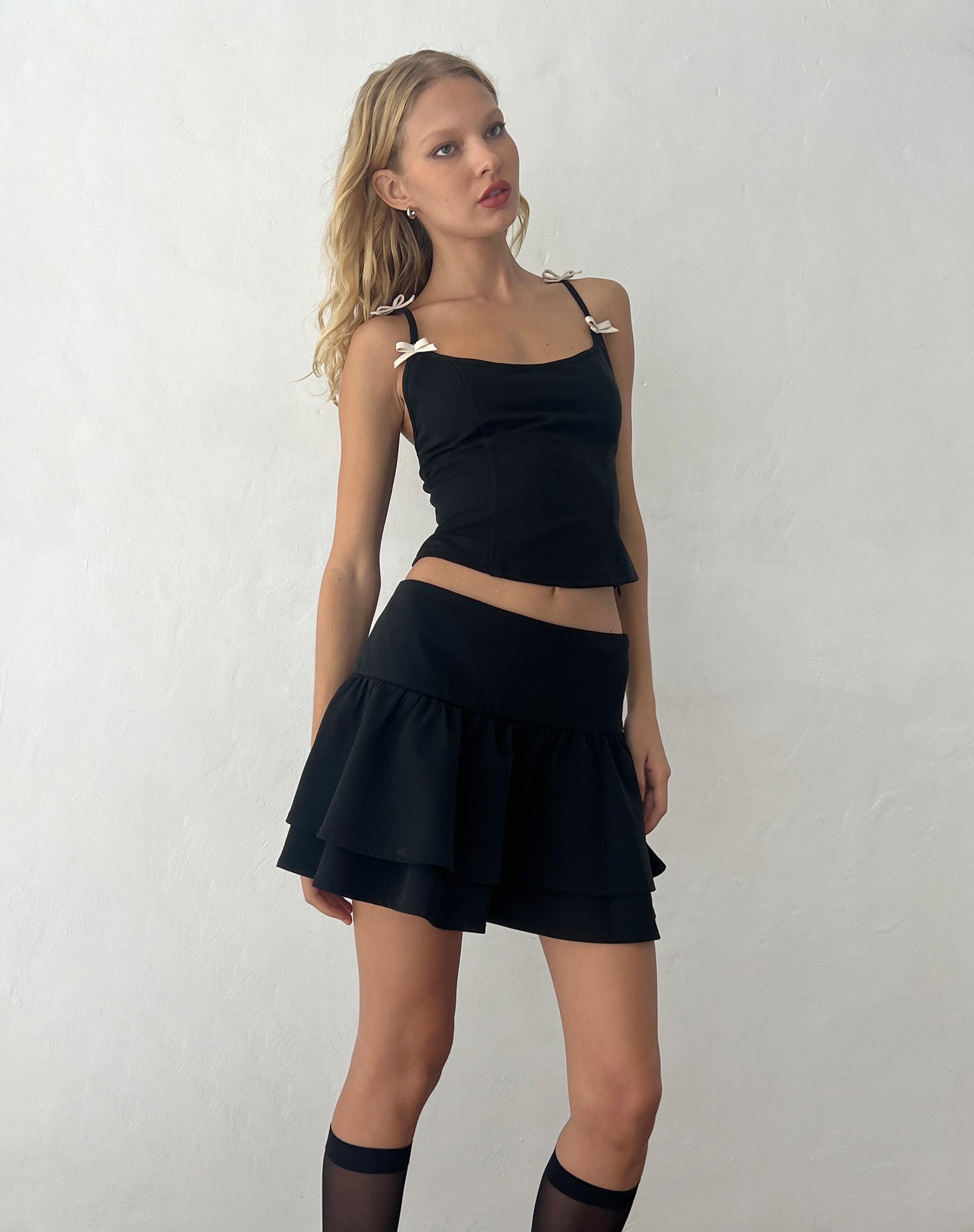 Kaida Ivory Bow Detail Corset Top in Tailoring Black-Nico Sky