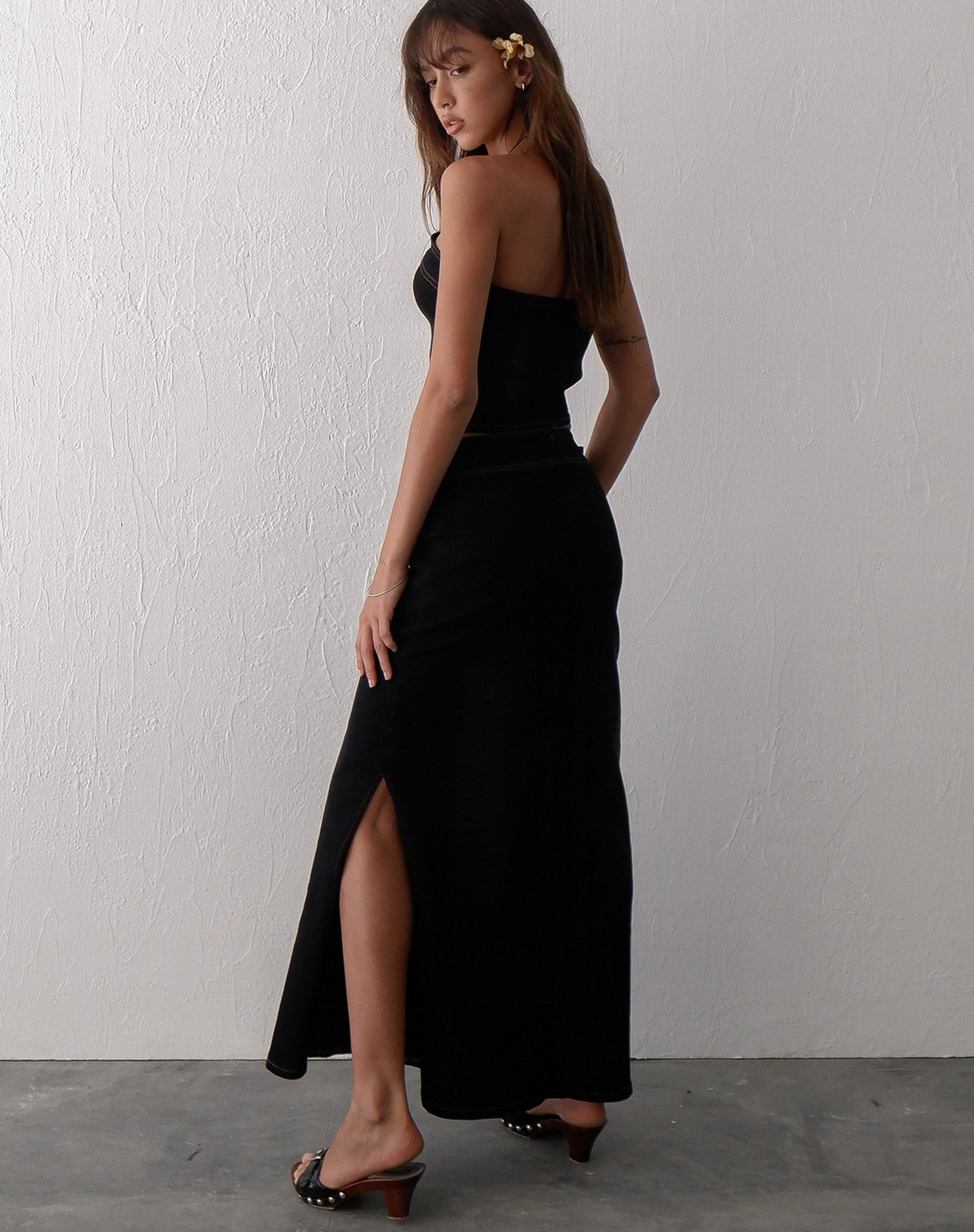 Lafille Denim Maxi Skirt in Black Wash-Nico Sky