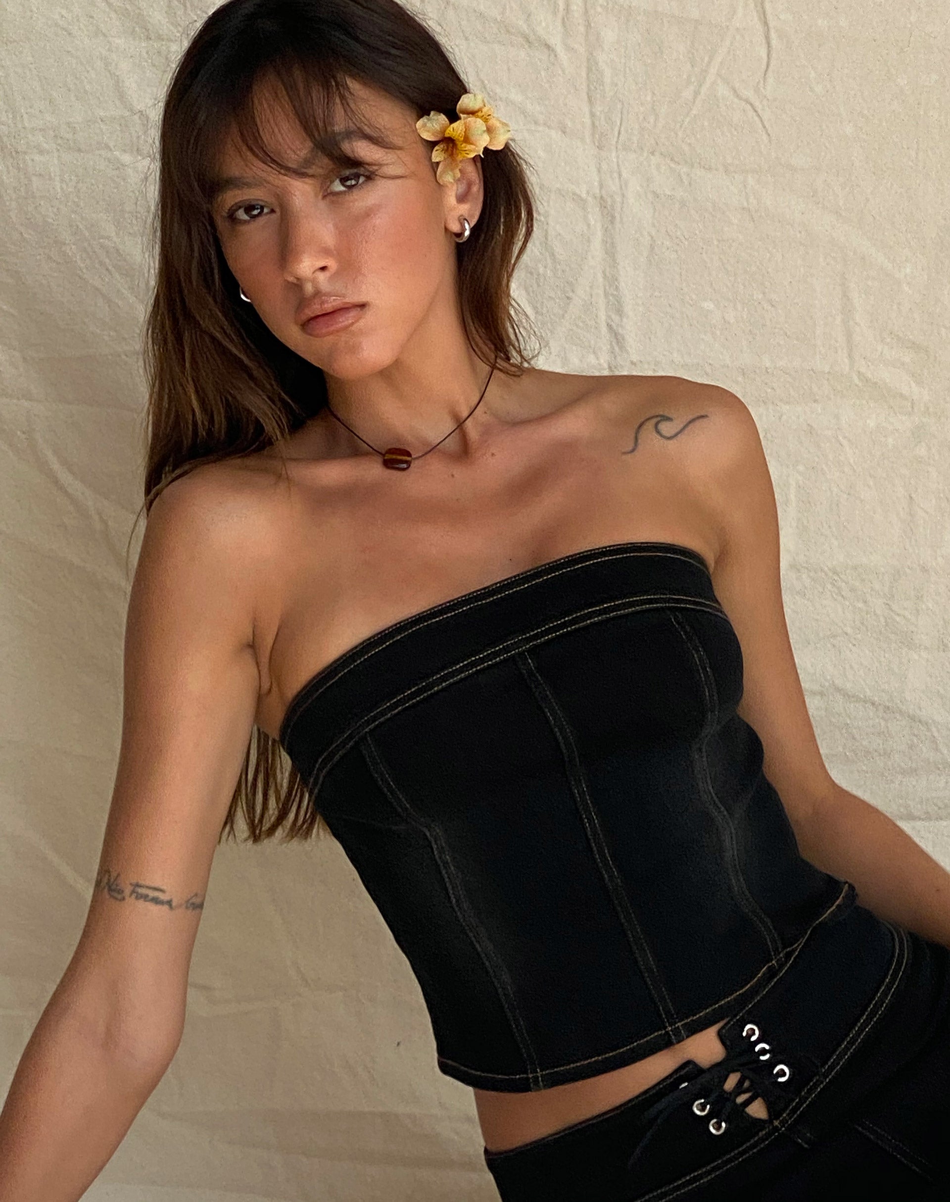 Kaiha Denim Bandeau Corset Top in Black Wash-Nico Sky
