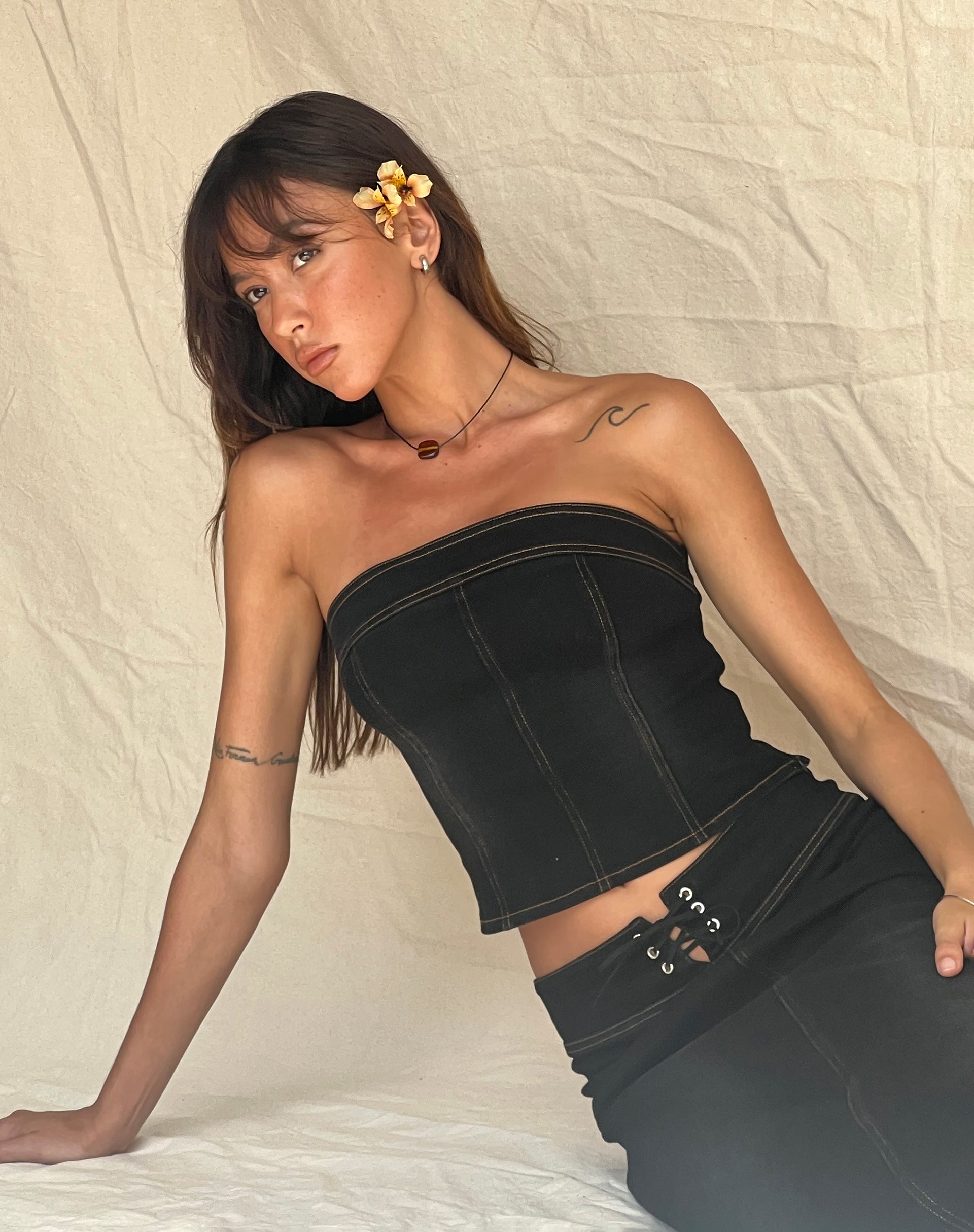 Kaiha Denim Bandeau Corset Top in Black Wash-Nico Sky
