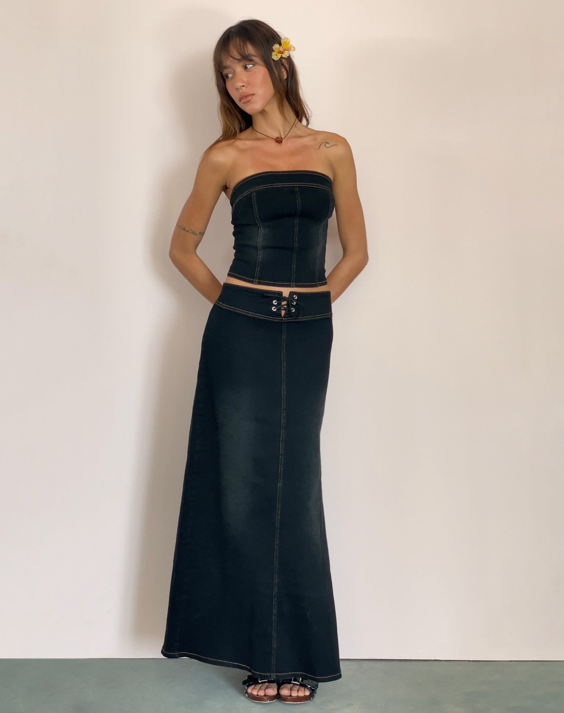 Lafille Denim Maxi Skirt in Black Wash-Nico Sky