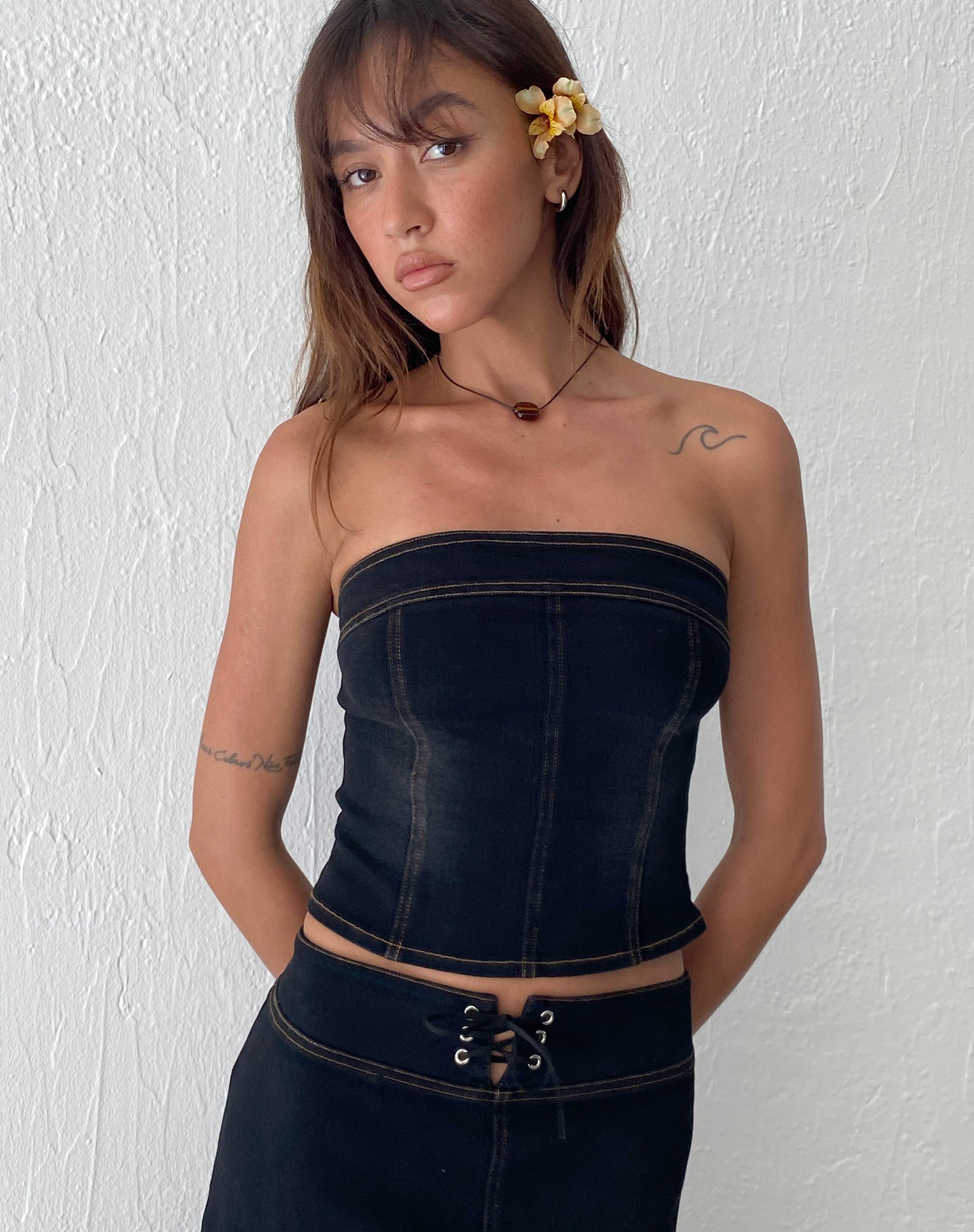Kaiha Denim Bandeau Corset Top in Black Wash-Nico Sky