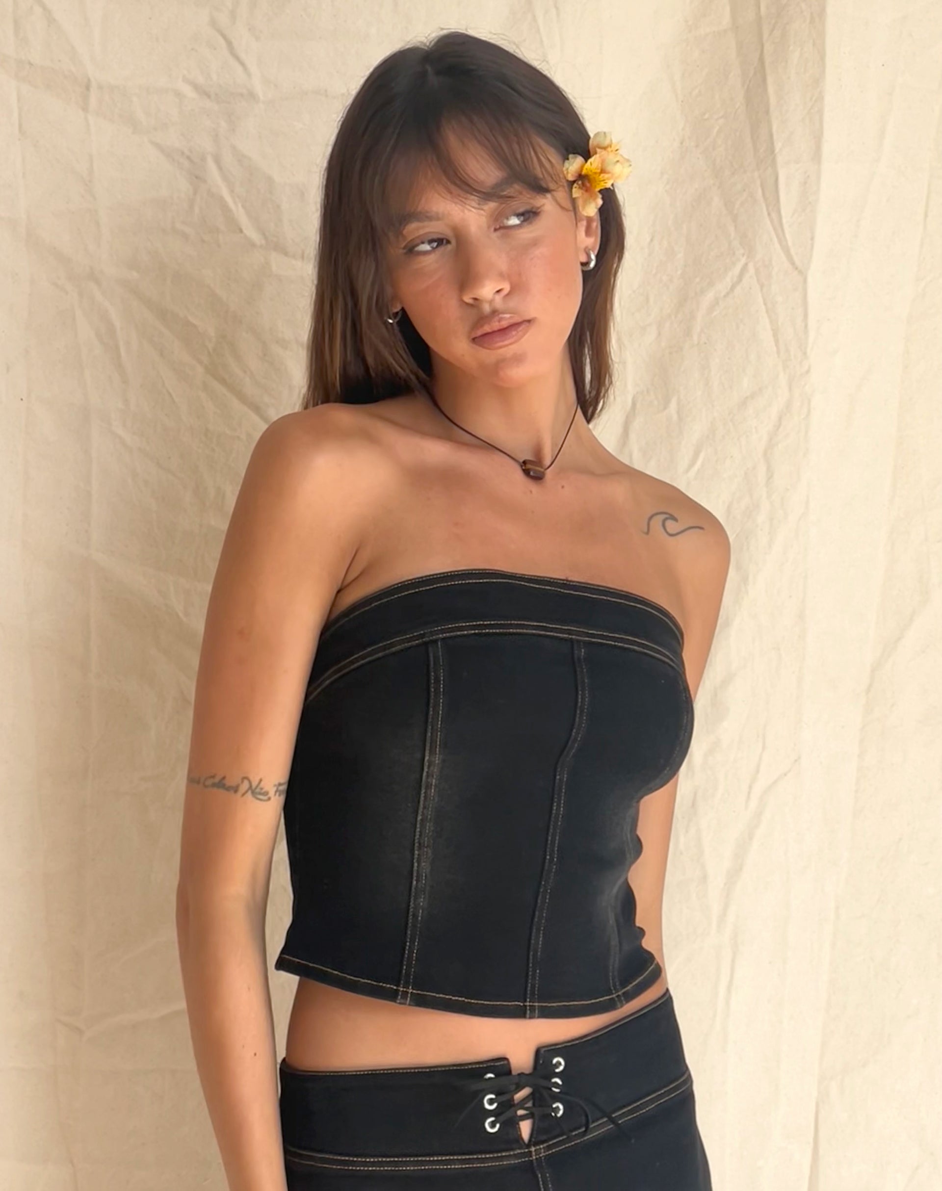 Kaiha Denim Bandeau Corset Top in Black Wash-Nico Sky