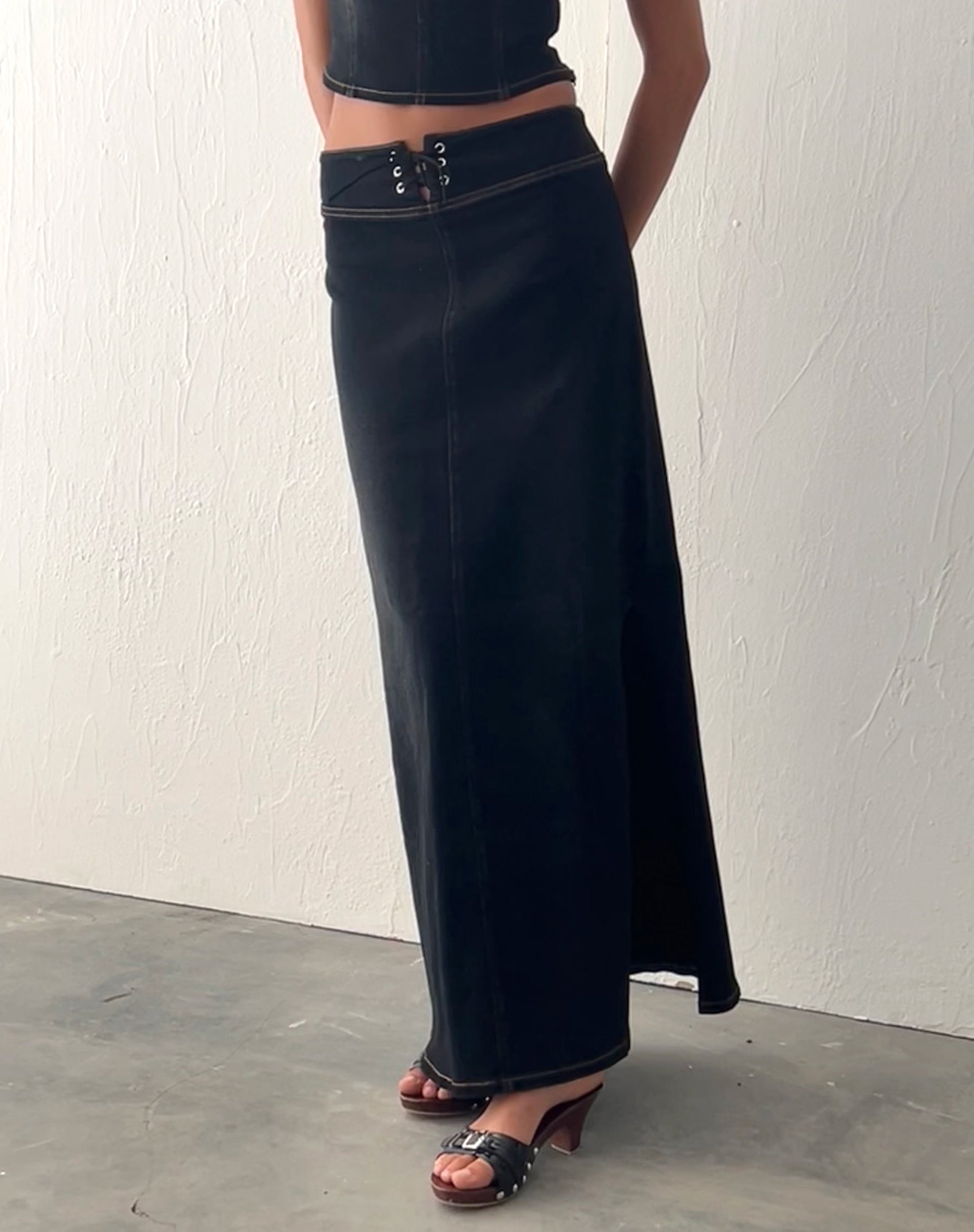Lafille Denim Maxi Skirt in Black Wash-Nico Sky
