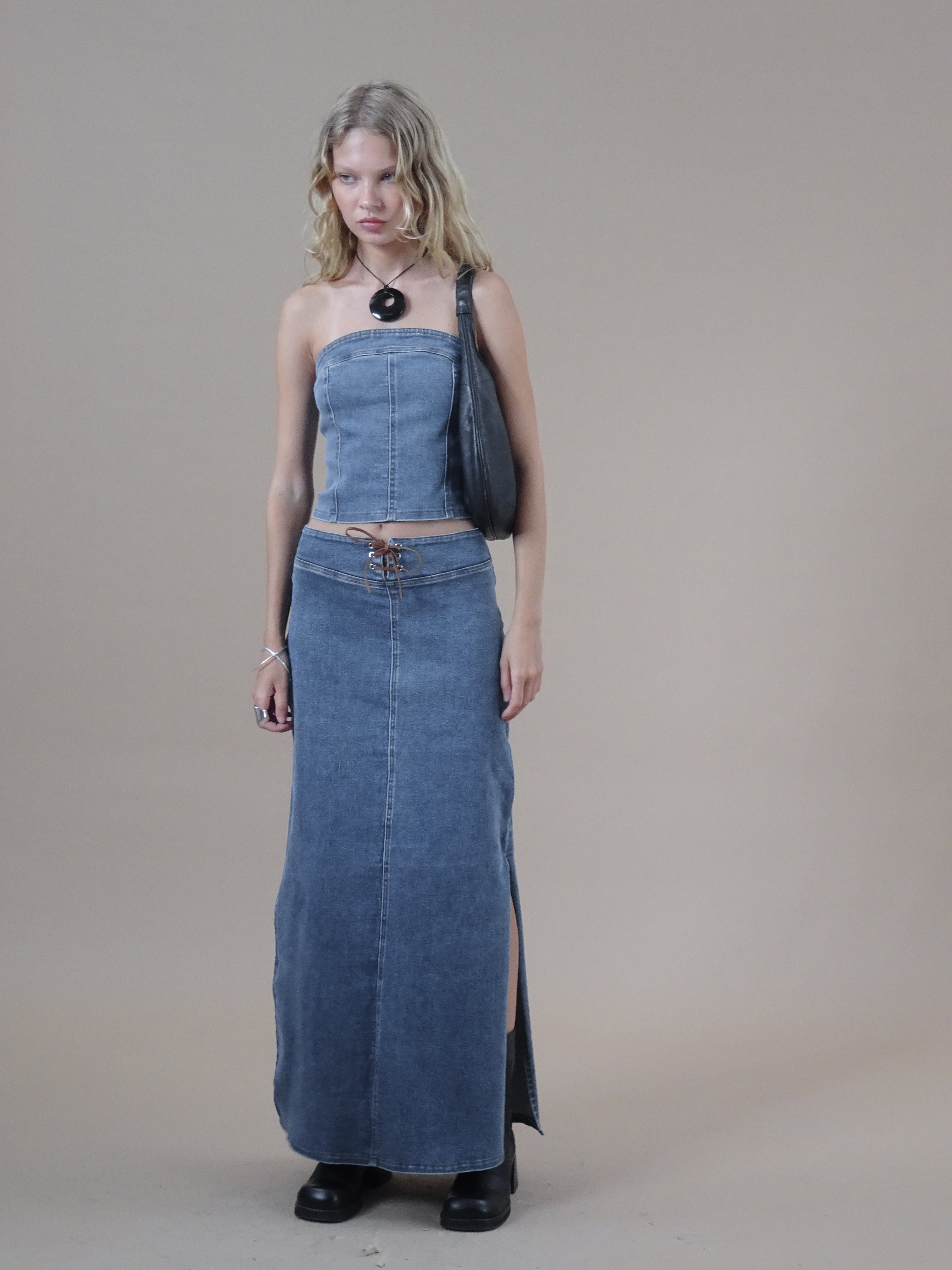 Kaiha Denim Bandeau Corset Top in Blue Wash-Nico Sky