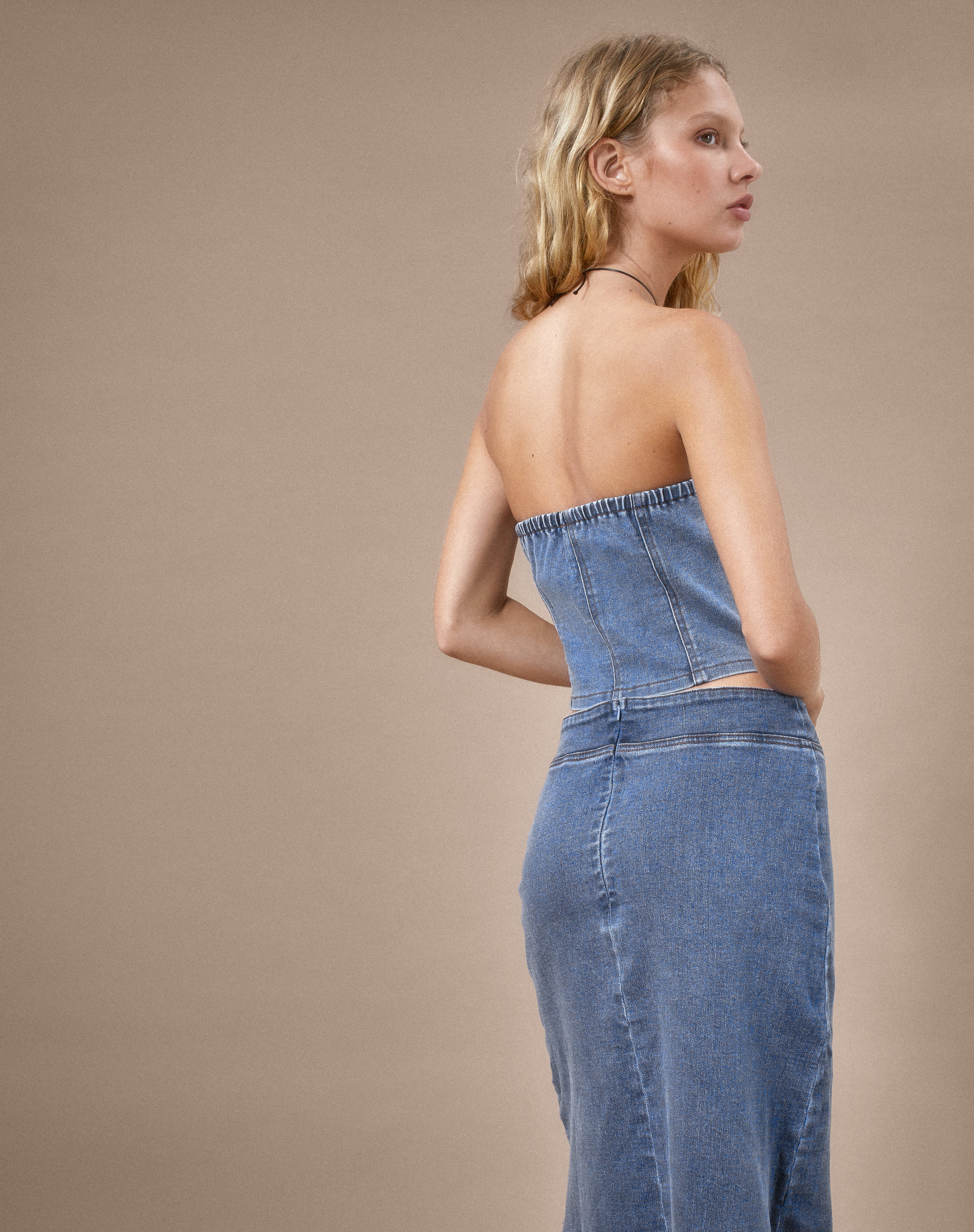 Kaiha Denim Bandeau Corset Top in Blue Wash-Nico Sky