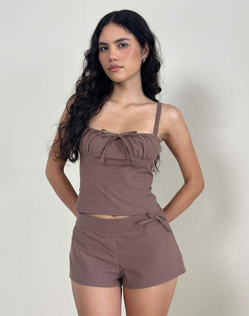 Blazy Tie Short in Linen Taupe-Nico Sky