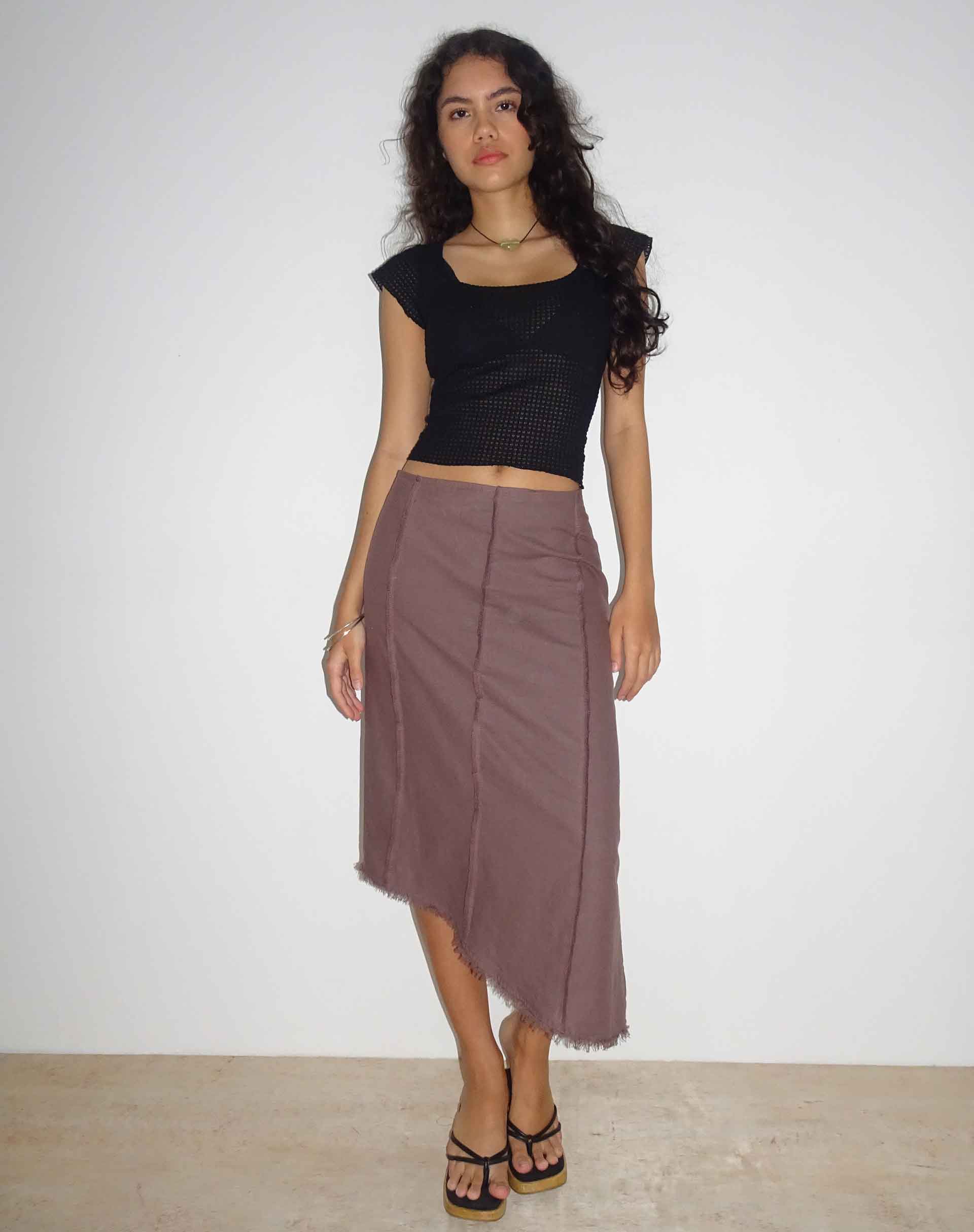 Karlesa Asymmetric Midi Skirt in Deep Taupe-Nico Sky