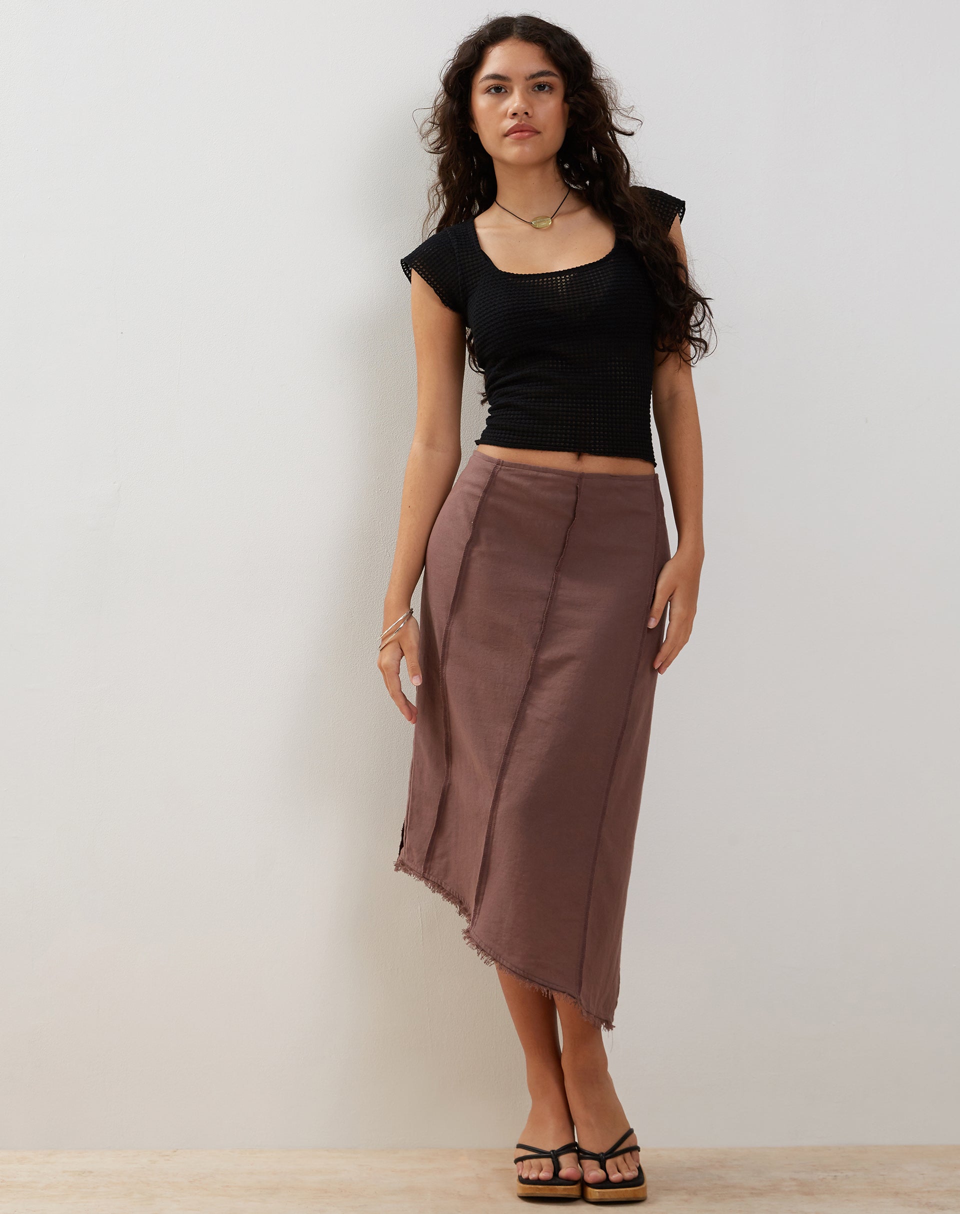 Karlesa Asymmetric Midi Skirt in Deep Taupe-Nico Sky