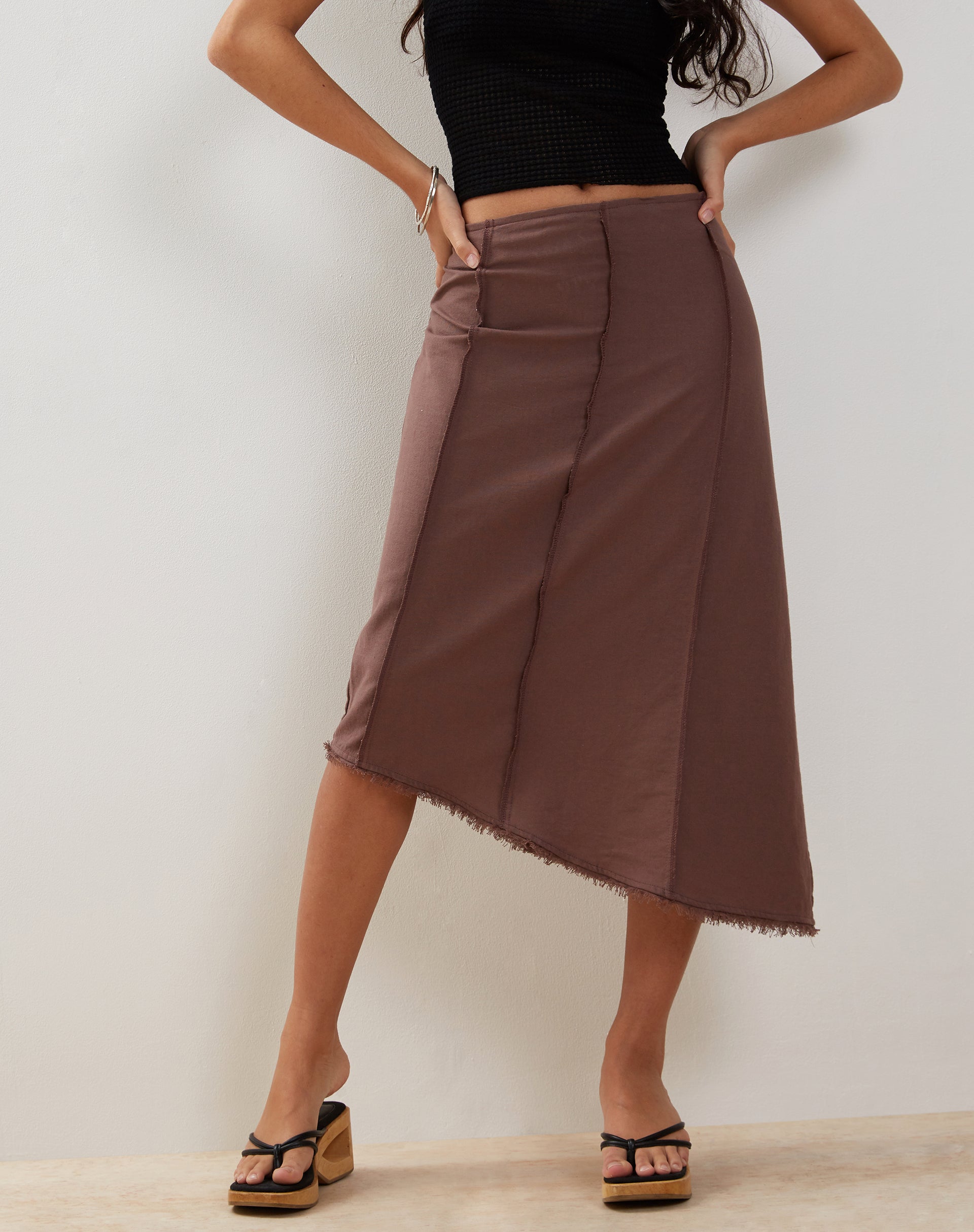 Karlesa Asymmetric Midi Skirt in Deep Taupe-Nico Sky