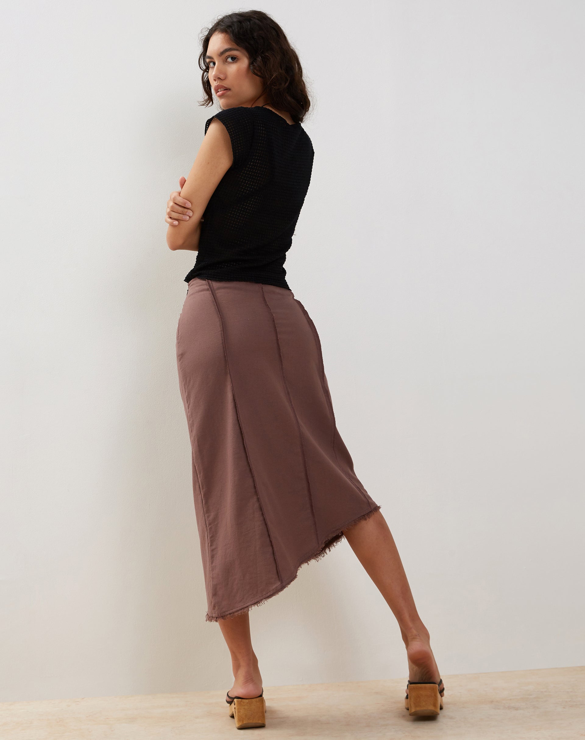 Karlesa Asymmetric Midi Skirt in Deep Taupe-Nico Sky