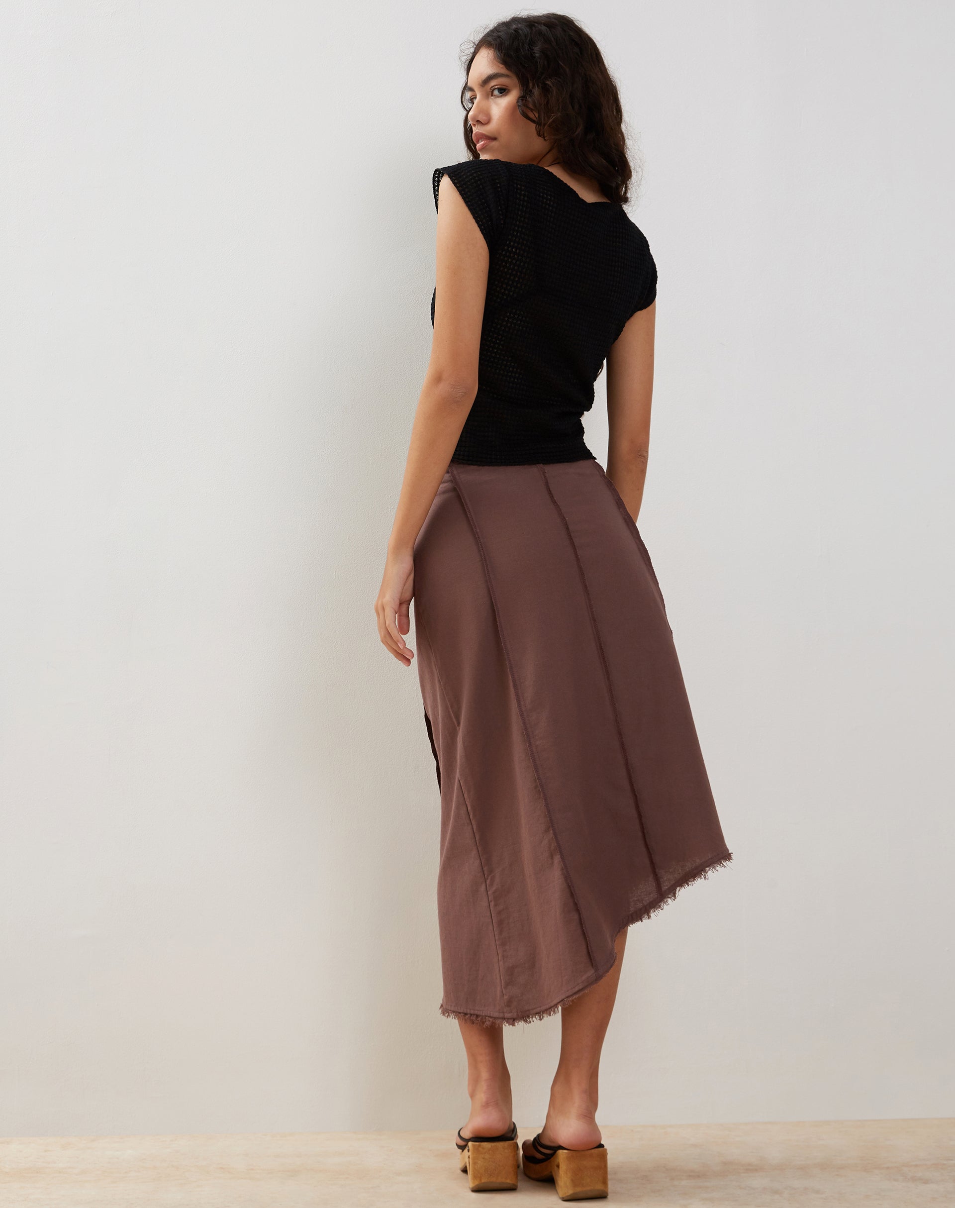 Karlesa Asymmetric Midi Skirt in Deep Taupe-Nico Sky