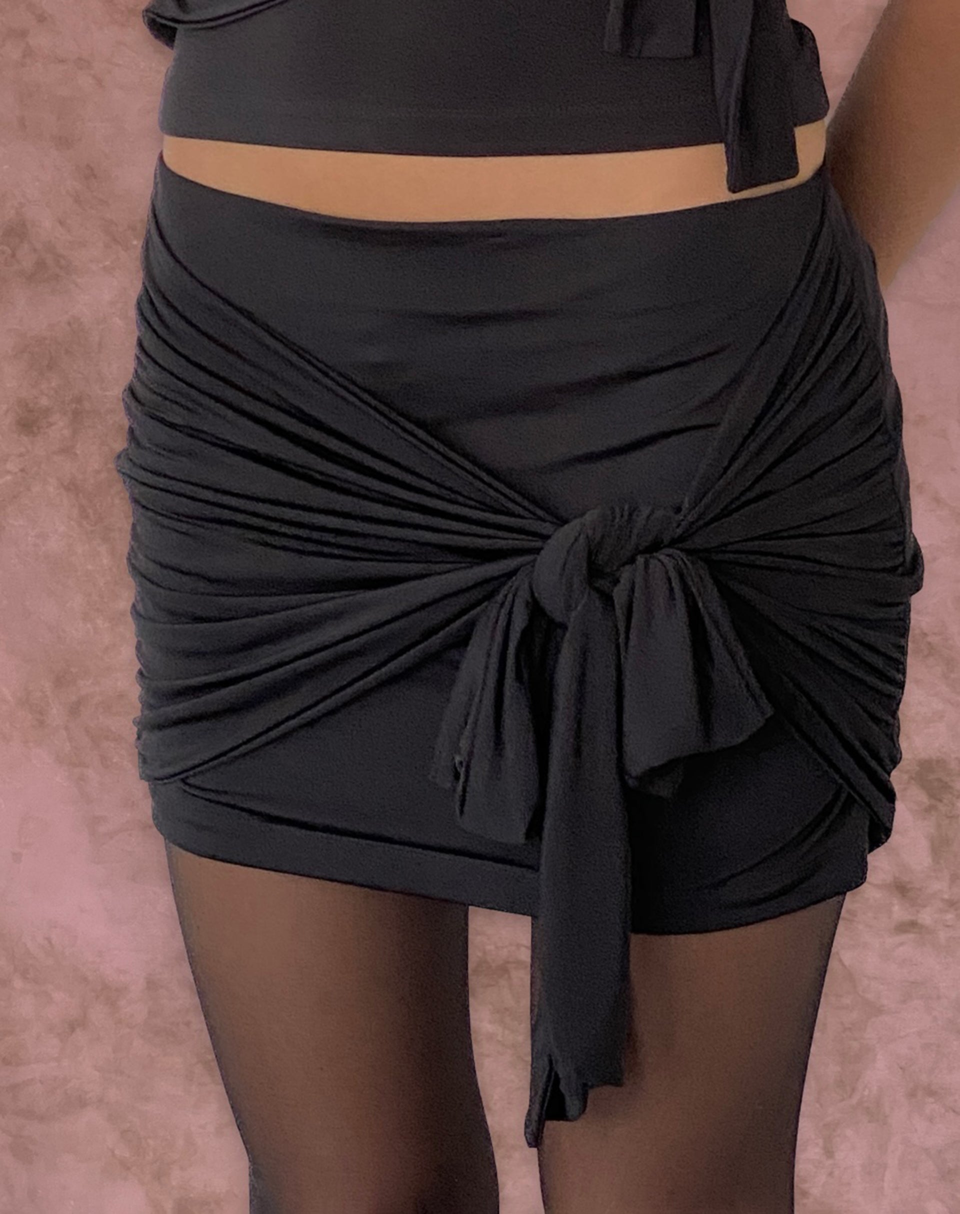 Kass Bow Detail Mini Skirt in Slinky Black-Nico Sky