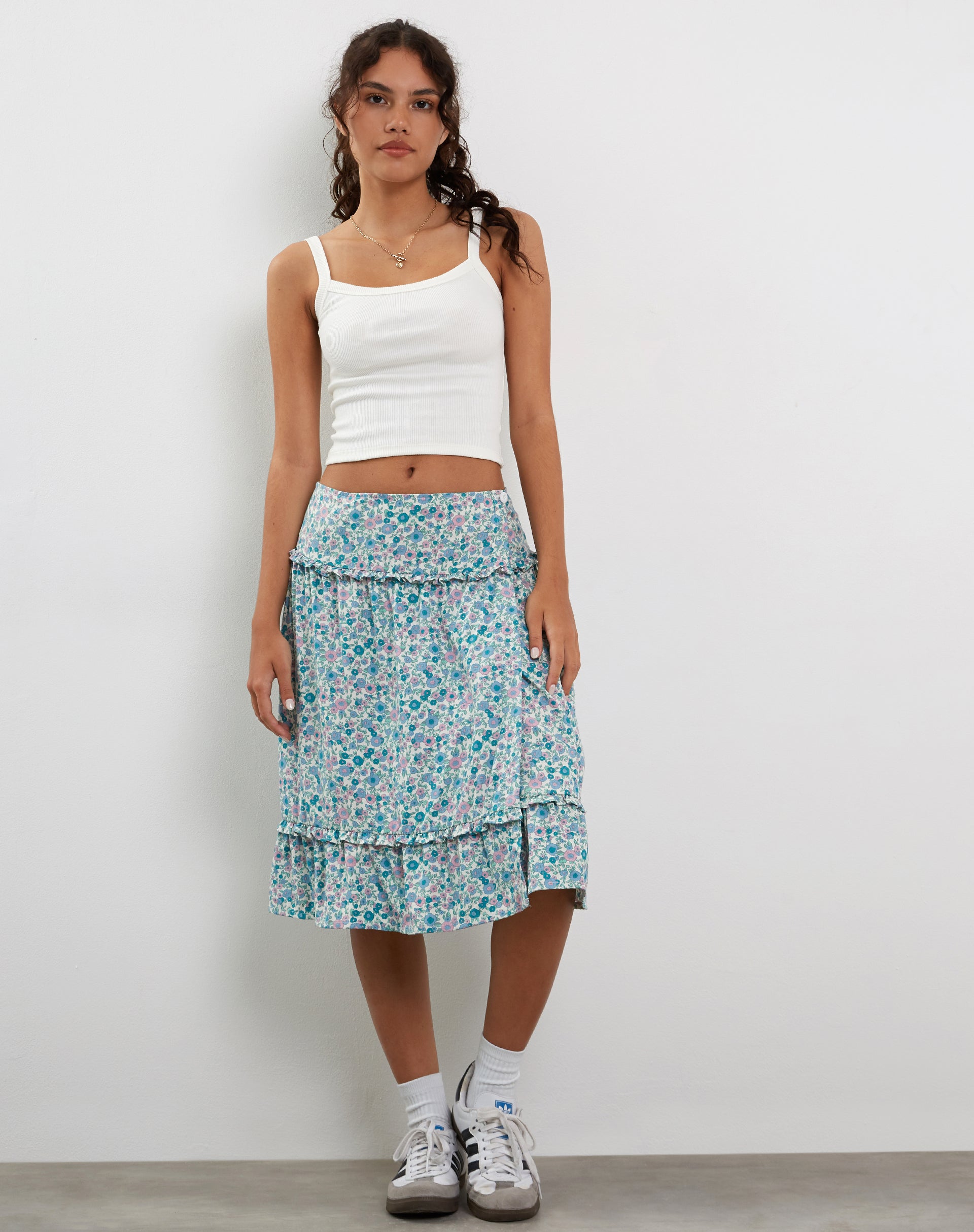 Kasya Frill Hem Midi Wrap Skirt in Flower Power Blue-Nico Sky