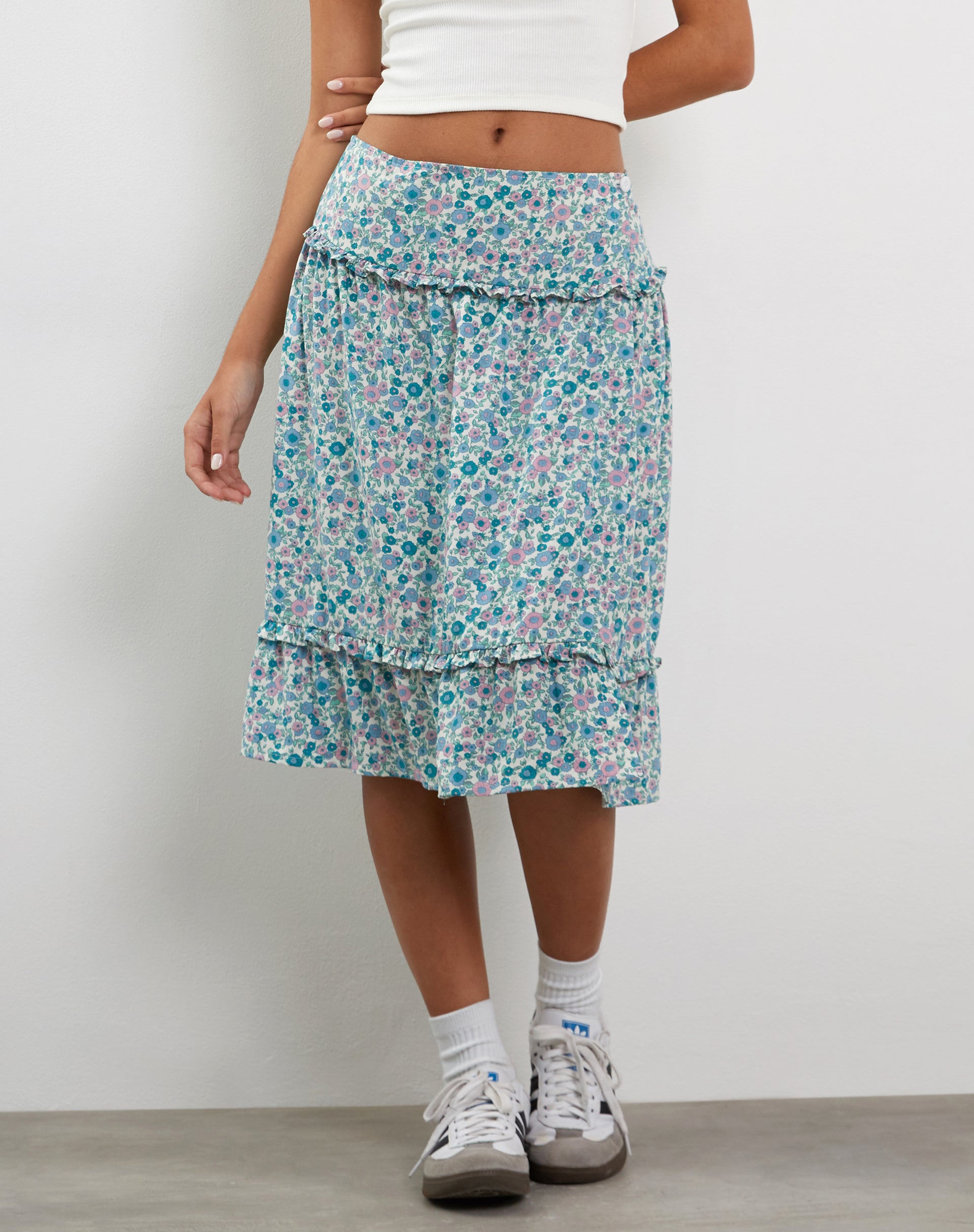 Kasya Frill Hem Midi Wrap Skirt in Flower Power Blue-Nico Sky