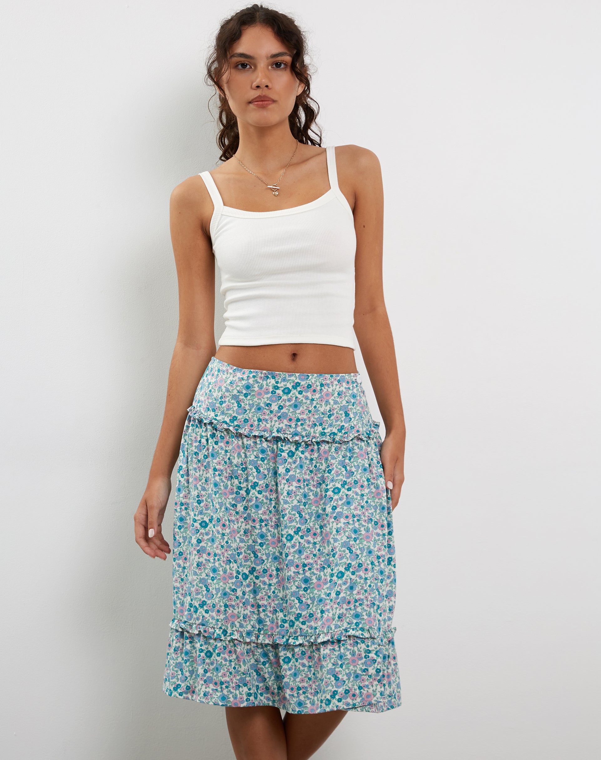 Kasya Frill Hem Midi Wrap Skirt in Flower Power Blue-Nico Sky