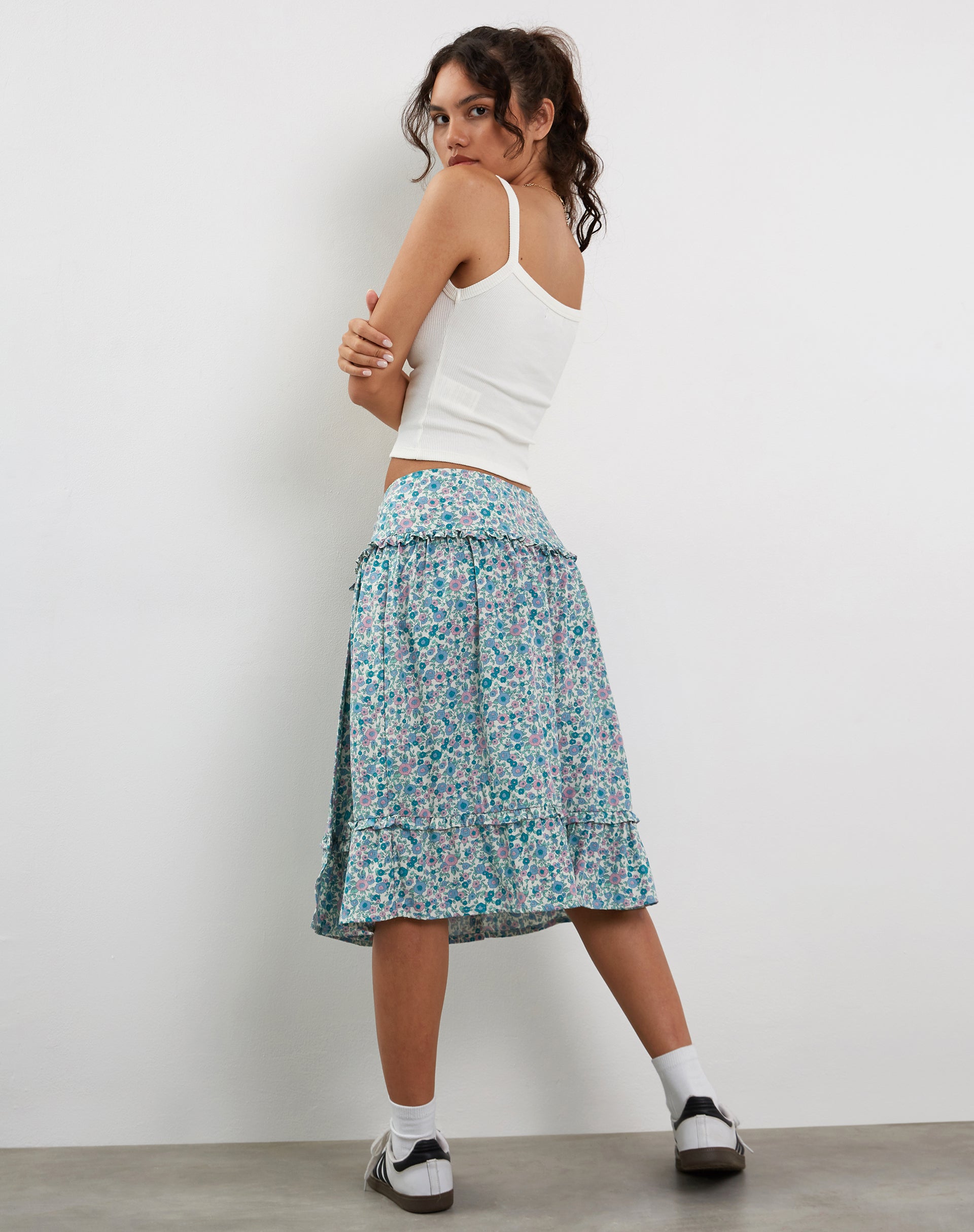 Kasya Frill Hem Midi Wrap Skirt in Flower Power Blue-Nico Sky