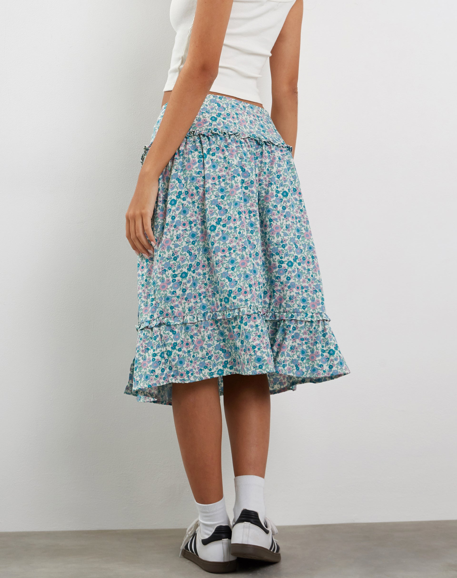 Kasya Frill Hem Midi Wrap Skirt in Flower Power Blue-Nico Sky
