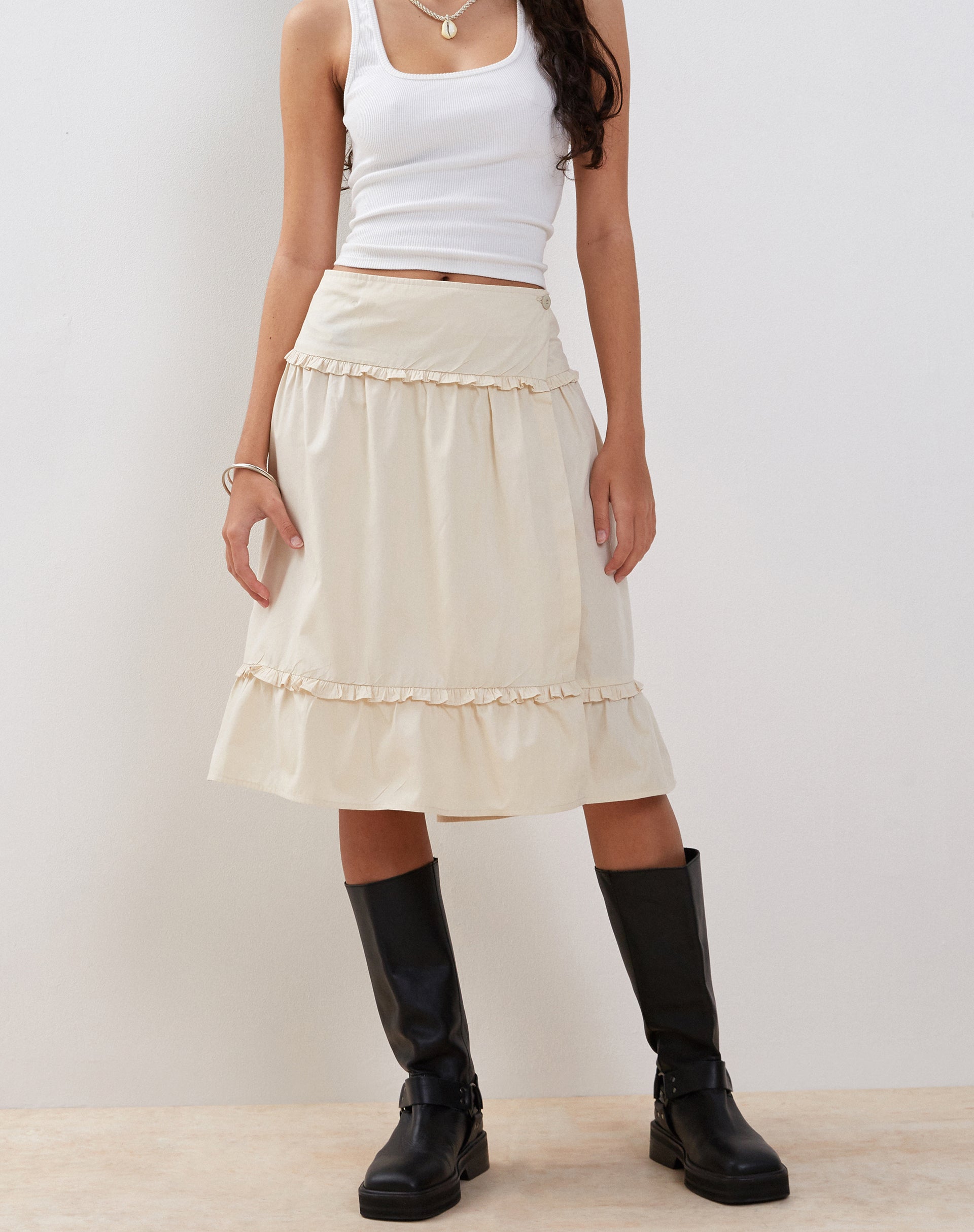 Kasya Frill Hem Midi Wrap Skirt in Ivory-Nico Sky