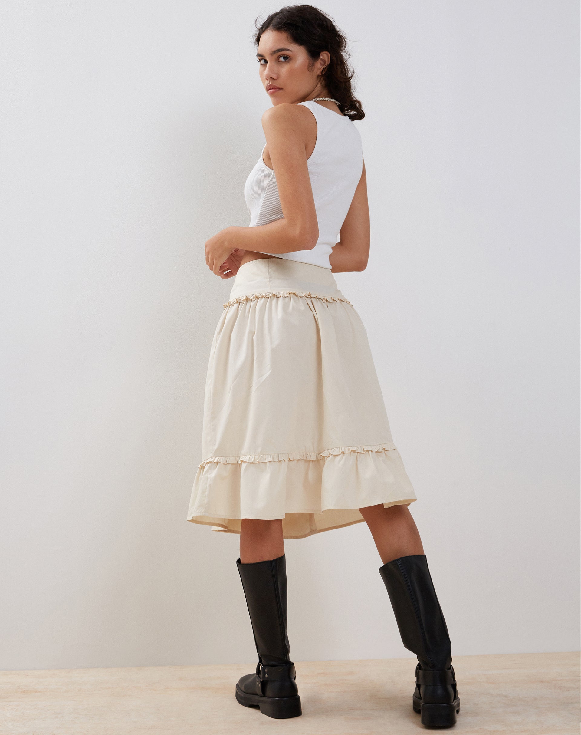 Kasya Frill Hem Midi Wrap Skirt in Ivory-Nico Sky