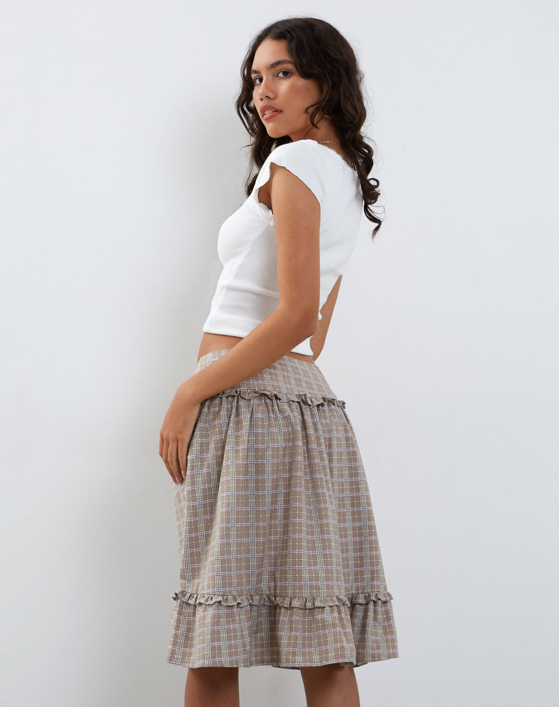 Kasya Frill Hem Wrap Midi Skirt in Taupe Check-Nico Sky