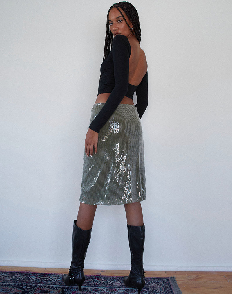 Kavi Midi Skirt in Khaki Green Clear Sequin-Nico Sky